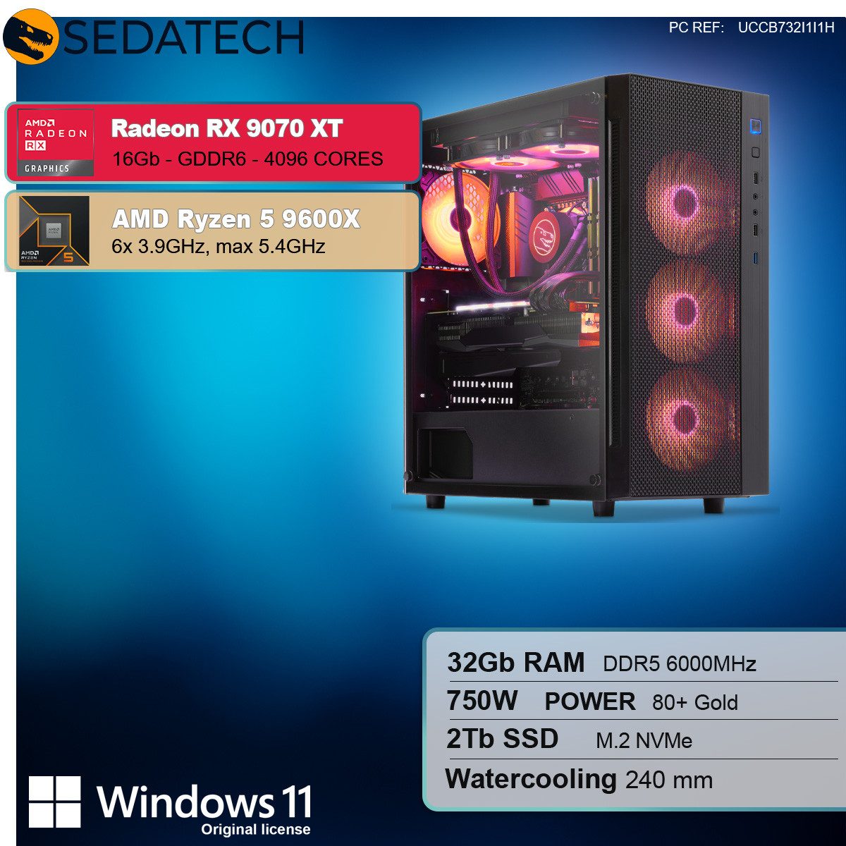 Sedatech UCCB732I1I1HF - Watercooling Gaming-PC (AMD Ryzen 5 9600X 6x 3.9GHz (max 5.4GHz), Radeon RX 9070 XT 16GB, 32 GB RAM, 2000 GB SSD, Watercooling, Wlan 6E)