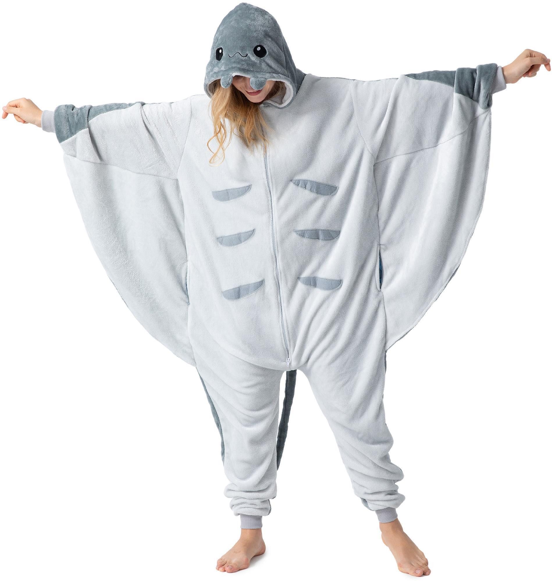 Corimori Partyanzug Flauschiges Manta Rochen-Kostüm für Erwachsene, Kostüm Onesie, Jumpsuit, Pyjama, Fasching, Kigurumi, Tiere, Manta Rochen "Graham"