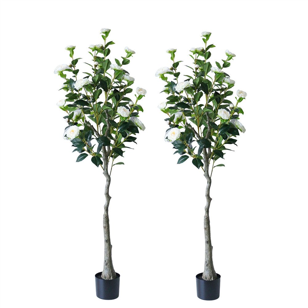 Künstliche Zimmerpflanze 2pcs künstliche Kamelie Baum realistische Stamm Blätter BlumenPflanzer, GarveeMore, Höhe 150 cm, 4.9ft/5.9ft Kamelie Pflanze mitTopf Baum für Home Decor Housewarming