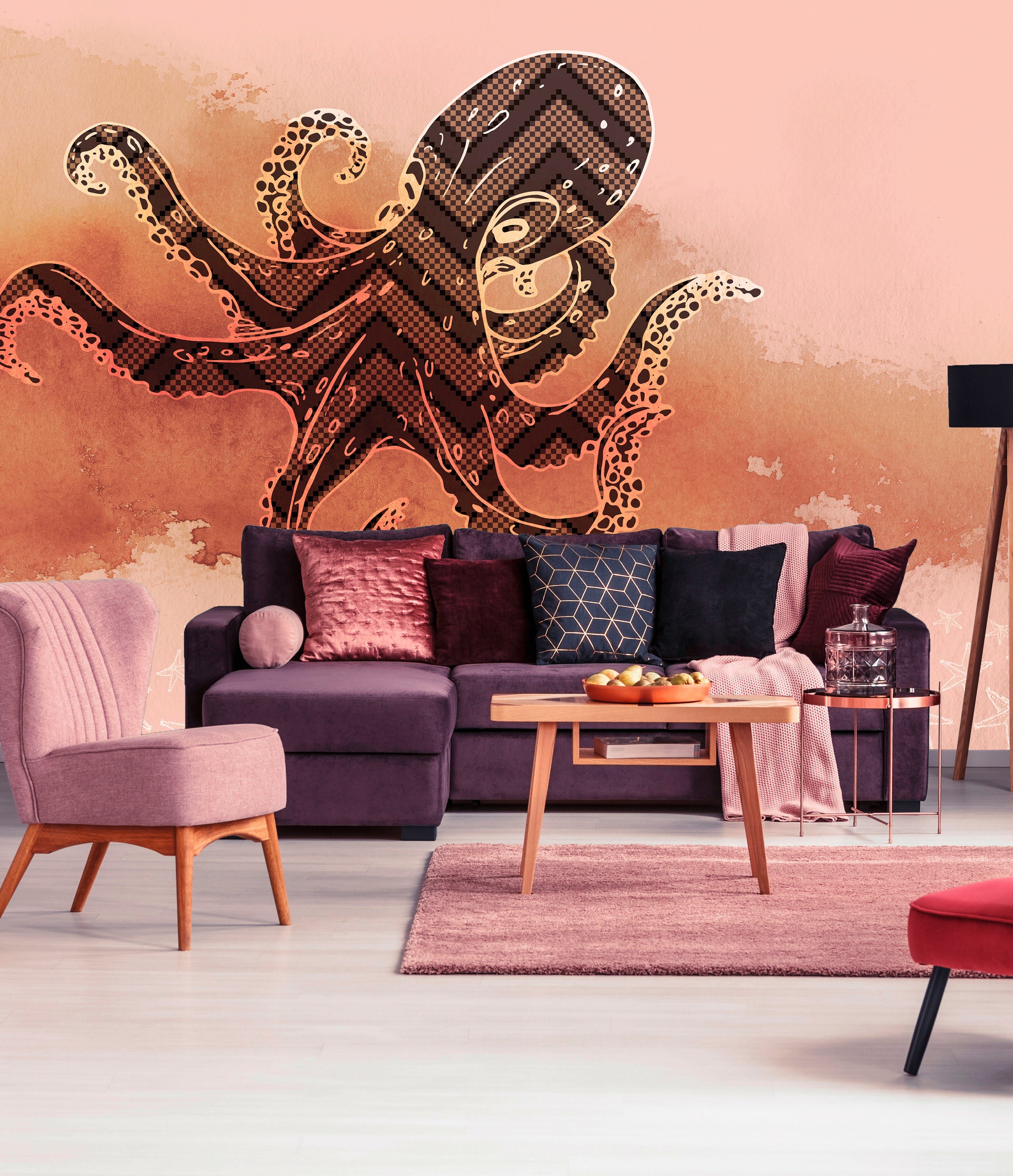 47 Wand, Fototapete Octopus 3, Schräge, Atelier Architects Design (5 Decke glatt, St), gelb/schwarz/rose Paper Vlies, Farbverlauf,