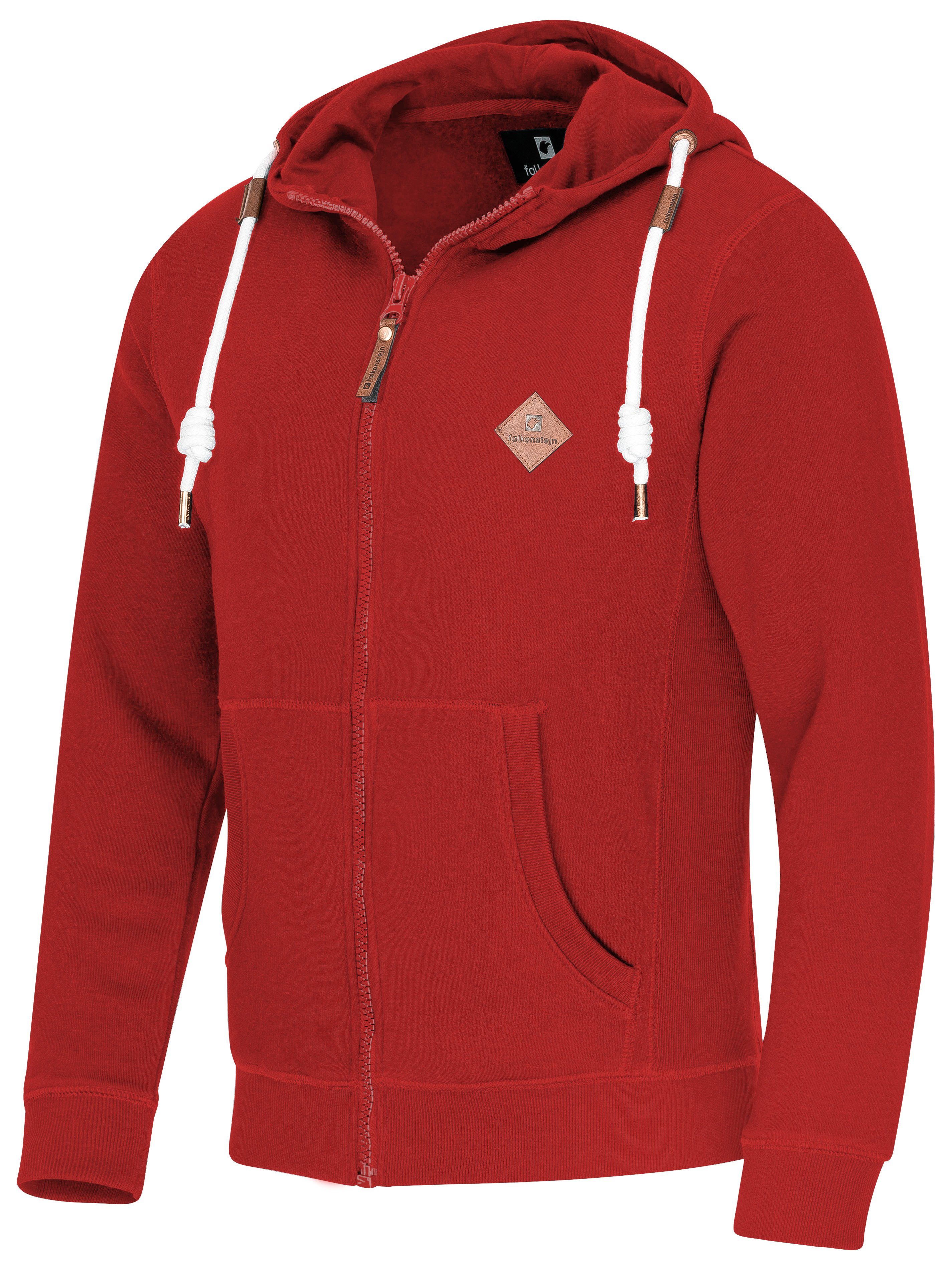 FALKENSTEJN Kapuzensweatjacke Colesburg stylischer Kapuzenpullover Sweatjacke mit Logolederpatch Goji-Berry