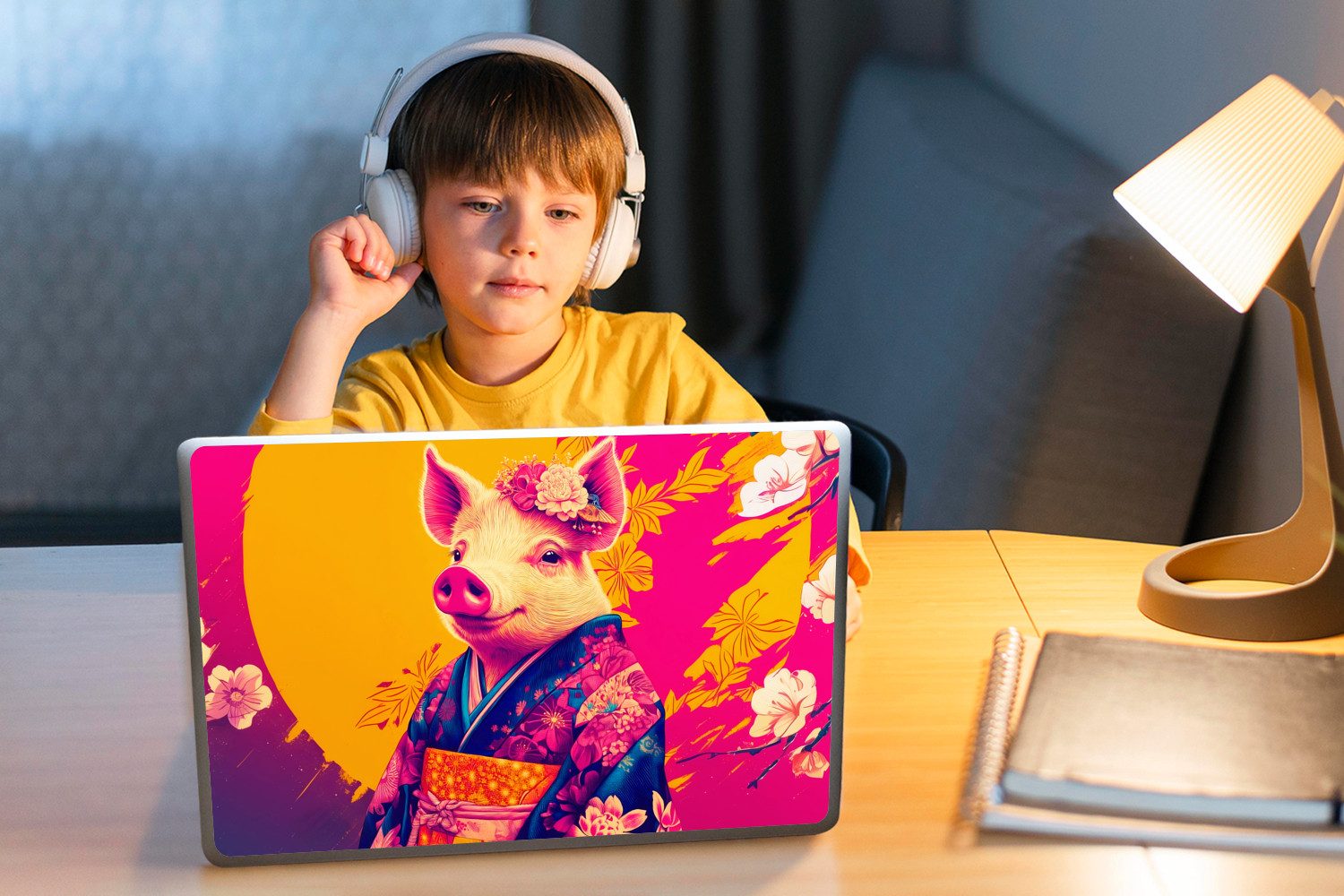 MuchoWow Laptop-Aufkleber Schwein - Blumenkrone - Kimono - Abstrakt, (1tlg), Laptop Folien Cover, Aufkleber, Sticker, Schutz vor Kratzern, 30x21 cm