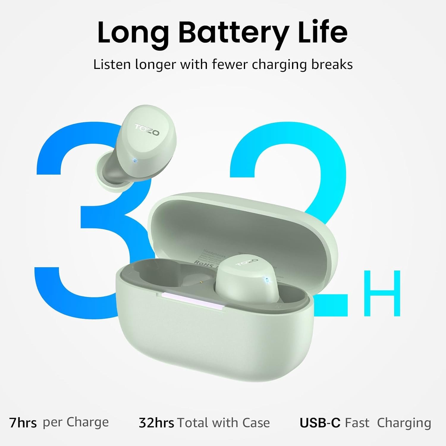 TOZO Ultraleichte Bluetooth Kopfhörer kabellos mit 32 Std. Akkulaufzeit In-Ear-Kopfhörer (TOZO App bietet 32 EQ-Modi zur individuellen Anpassung des Sounds nach persönlichen Vorlieben., Stereo Sound Earbuds mit Touchsteuerung & IPX5 Wasserschutz)