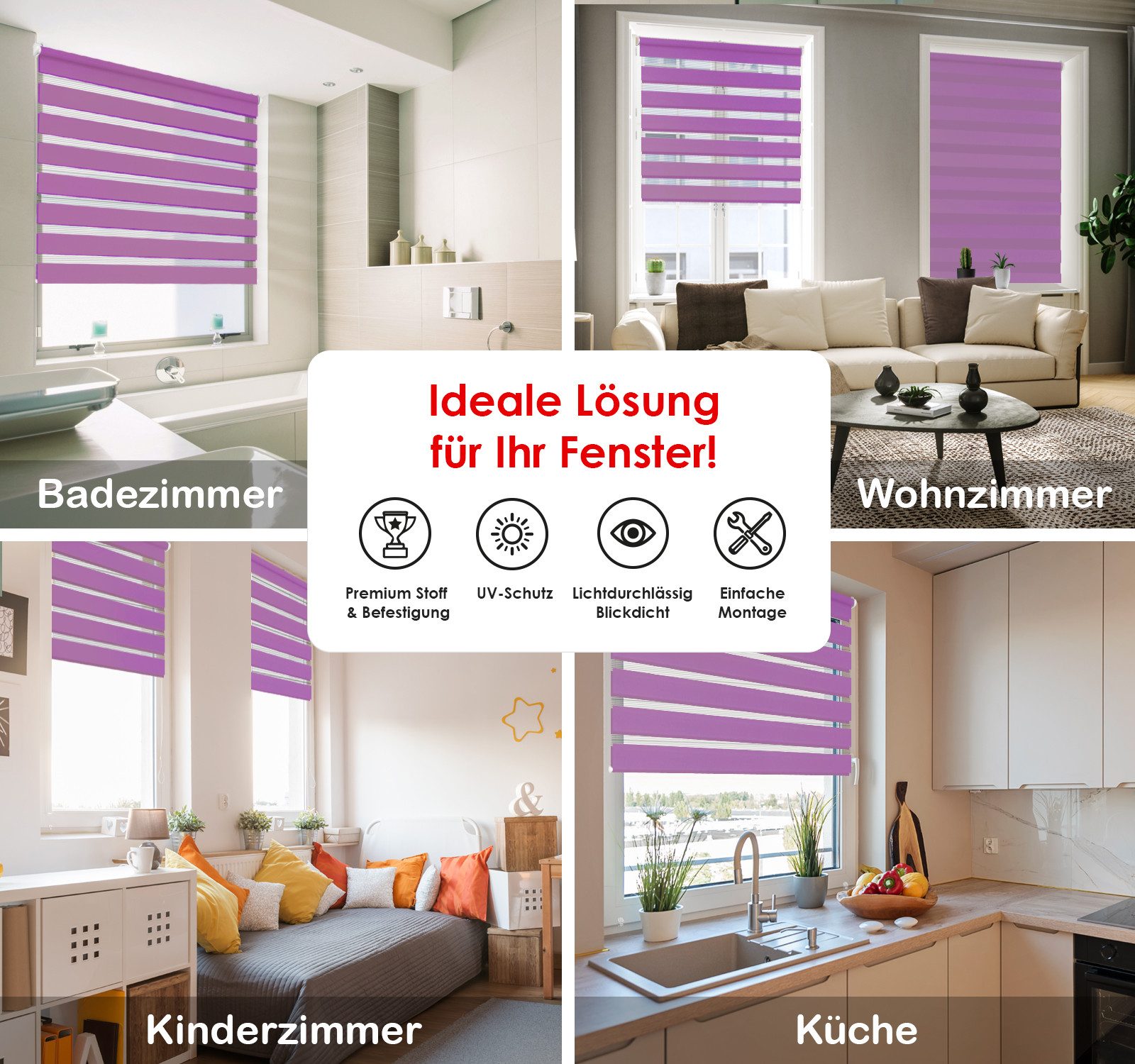 Doppelrollo Klemmfix ohne Bohren, Tag-Nacht-Rollo mit Sichtschutz, Lila, DomDeco, Klemmfix, Klemmbar, Kettenzug, ohne Bohren, Sicht- und Blendschutz