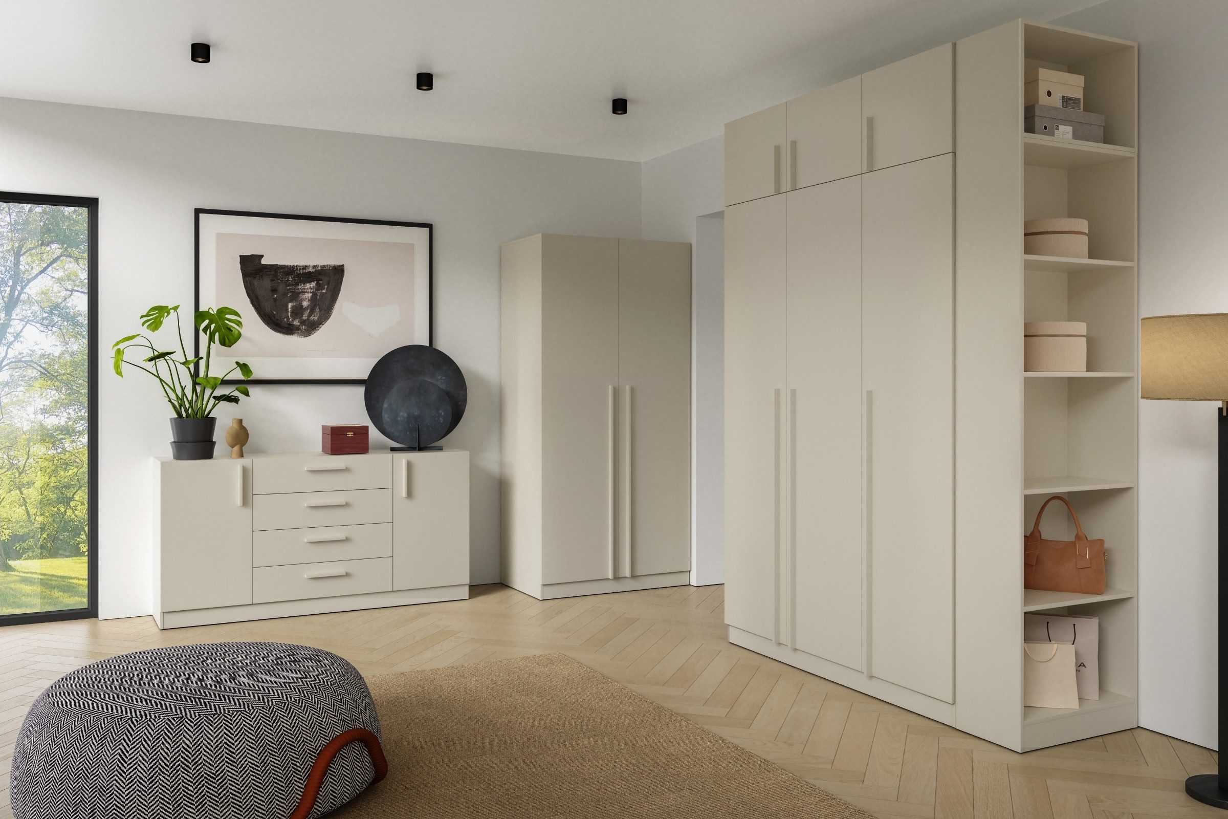 Deine Möbel 24 Kleiderschrank BRISSO BR2 3-türiger Drehtürenschrank, 150 cm breit BRISSO-Kollektion (Set, 1-St., in Platingrau matt, Kaschmir matt, Eiche Cremona) optional mit Schubladen & Aufsatz