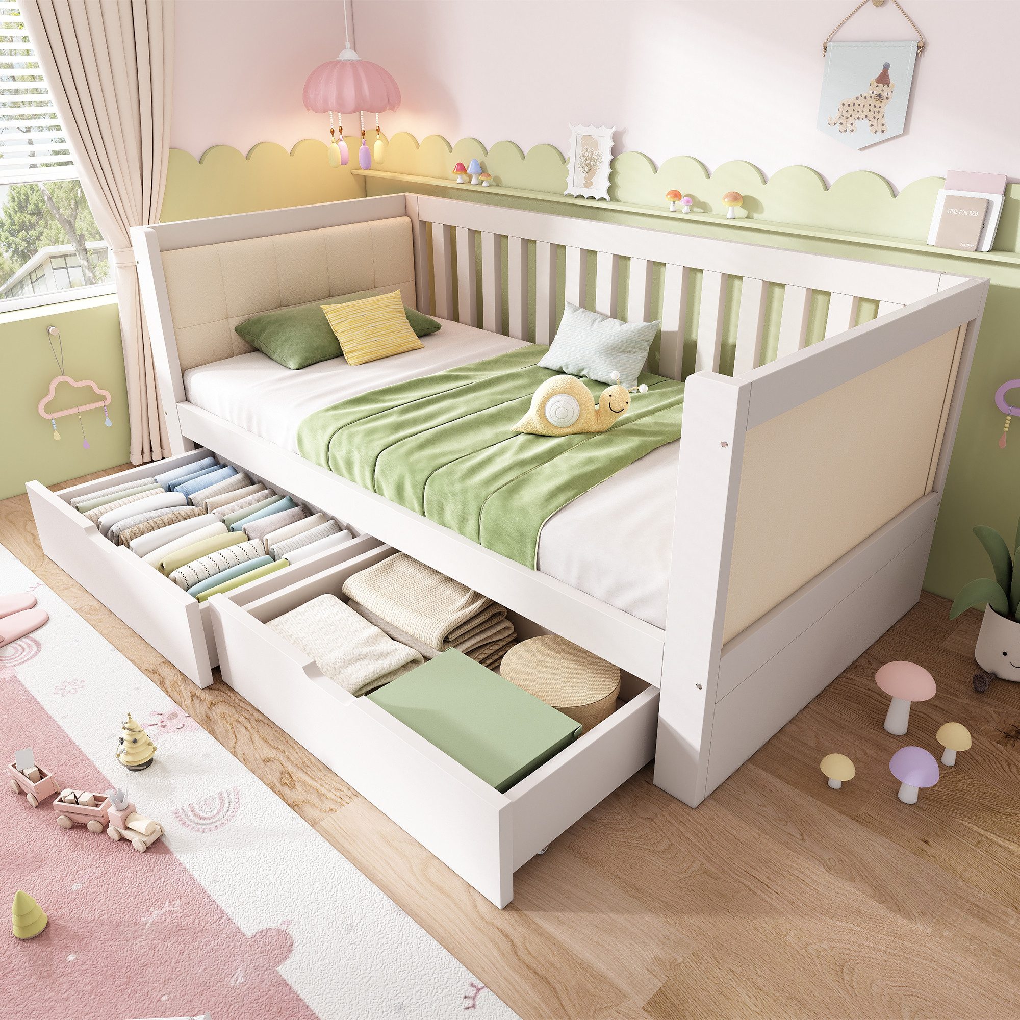 Flieks Kinderbett, Tagesbett Holzbett 90×200 cm mit 2 Schubladen und Polster-Rückenlehne