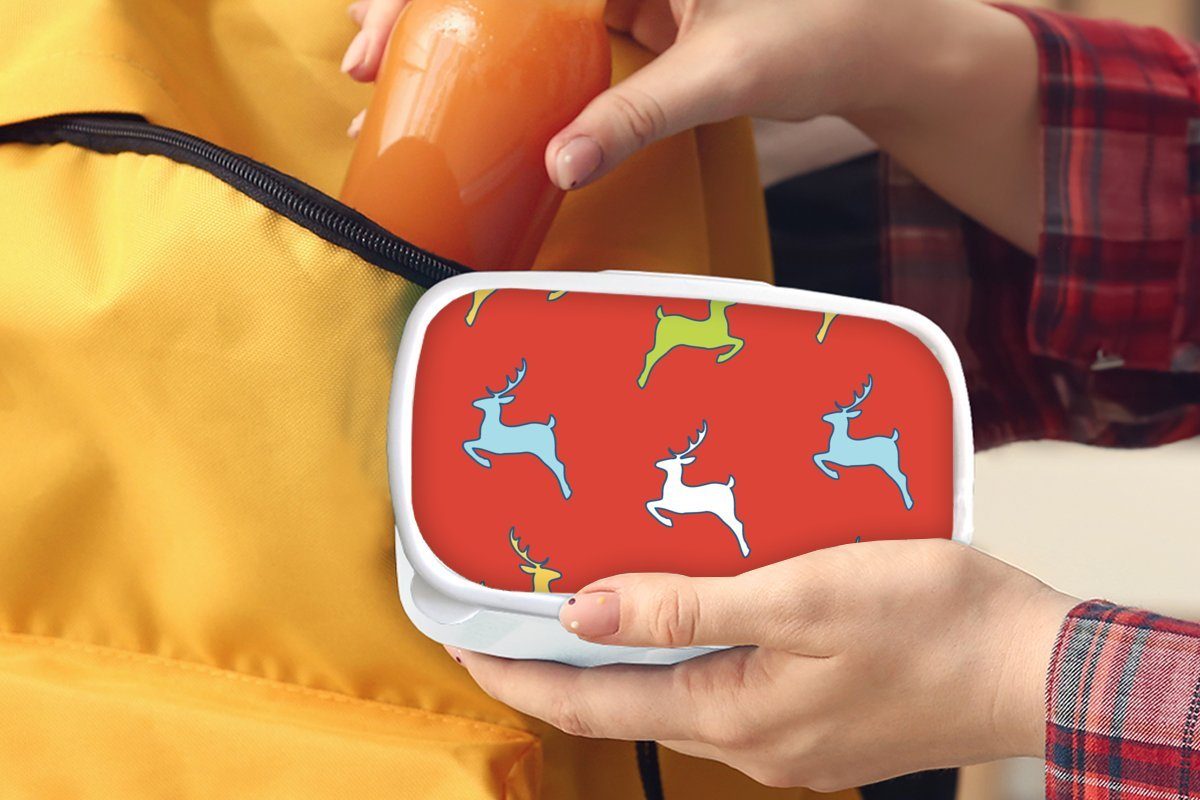 MuchoWow Lunchbox Muster - Rotwild und (2-tlg), Kinder - Mädchen Jungs Rot, und für Kunststoff, Brotdose, für weiß Erwachsene, Brotbox
