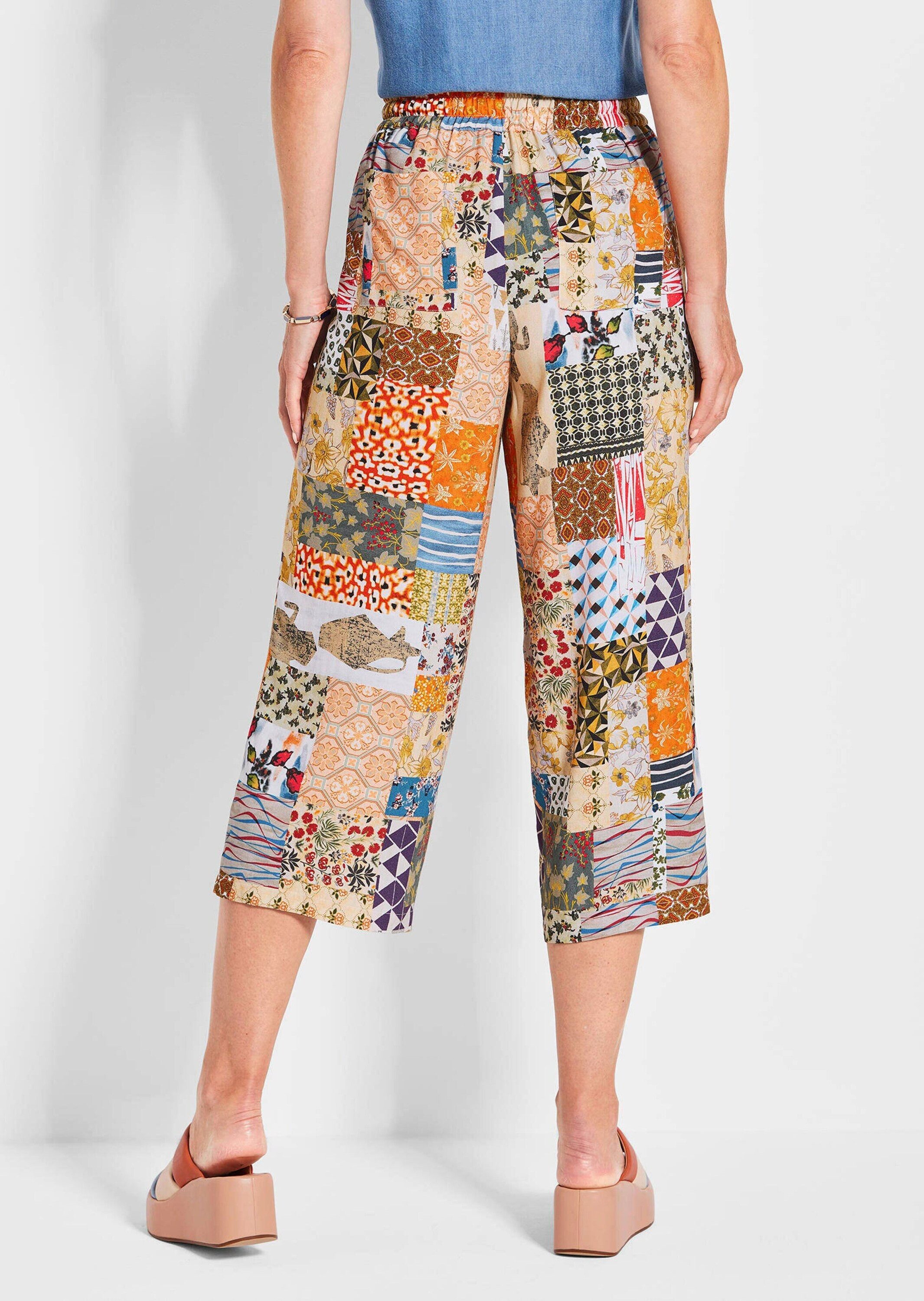 GOLDNER Schlupfhose Kurzgröße: Stoffhose mit Patchwork-Muster Viskosehose mit Schlupfbund, Bindeband, Taschen und 7/8-Länge