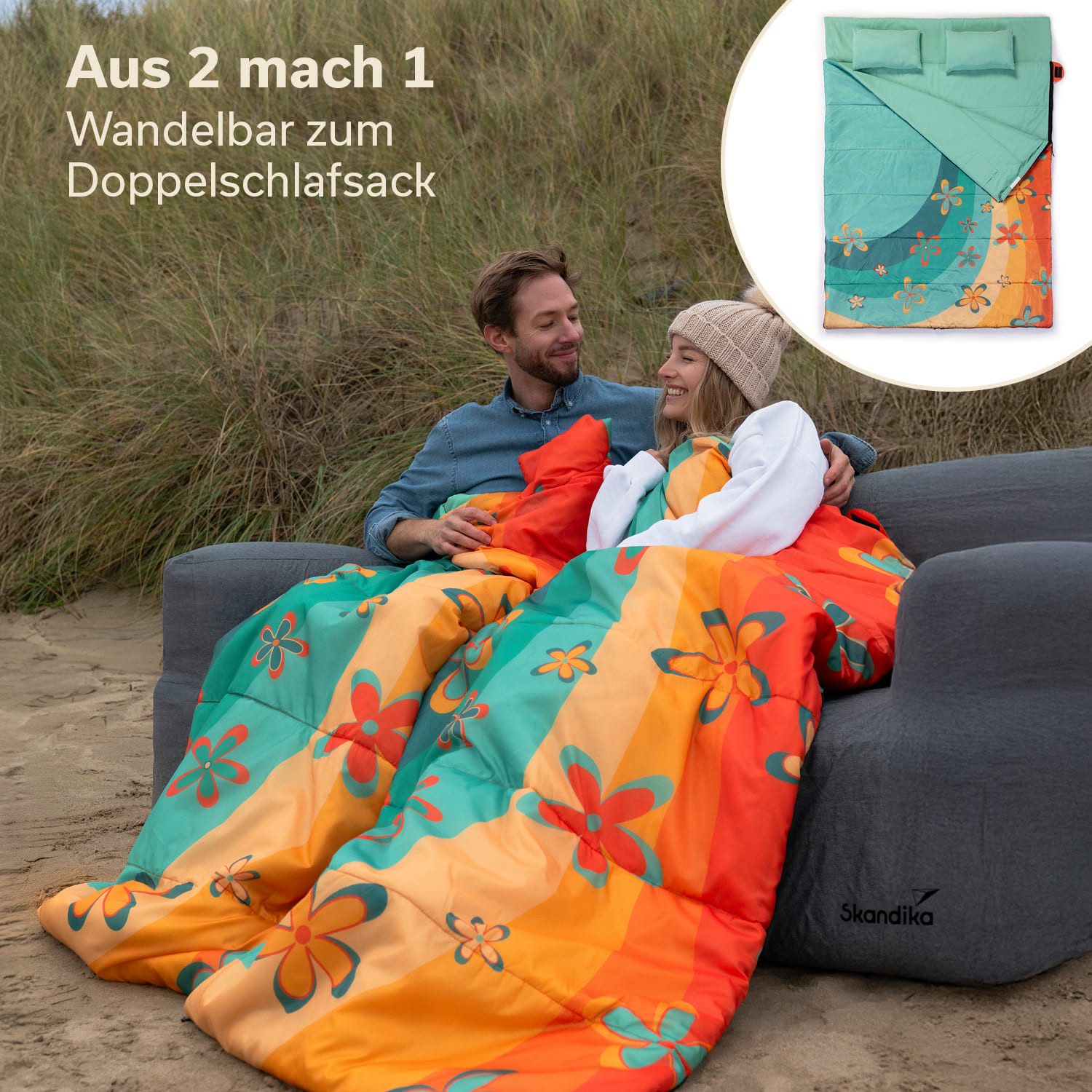 Skandika Deckenschlafsack für Erwachsene, Sovro Lite Rainbow, als Decke verwendbar (Packsack mit Kompressionsbändern und Schutzhaube), Schlafsack Outdoor für Erwachsene, 3 Jahreszeiten