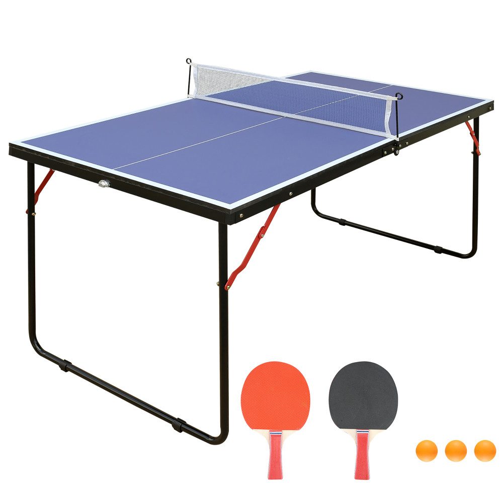 BBWL Tischtennisplatte mit Netz Schläger Bälle MDF Tisch Pingpong Tisch kompakt blau, Tischtennisplatte klappbar Set Indoor Outdoor