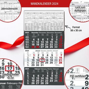 TOBJA Wandkalender 3 Monatskalender 2024 Büro Wandkalender, mit Datumsschieber Bürokalender 24