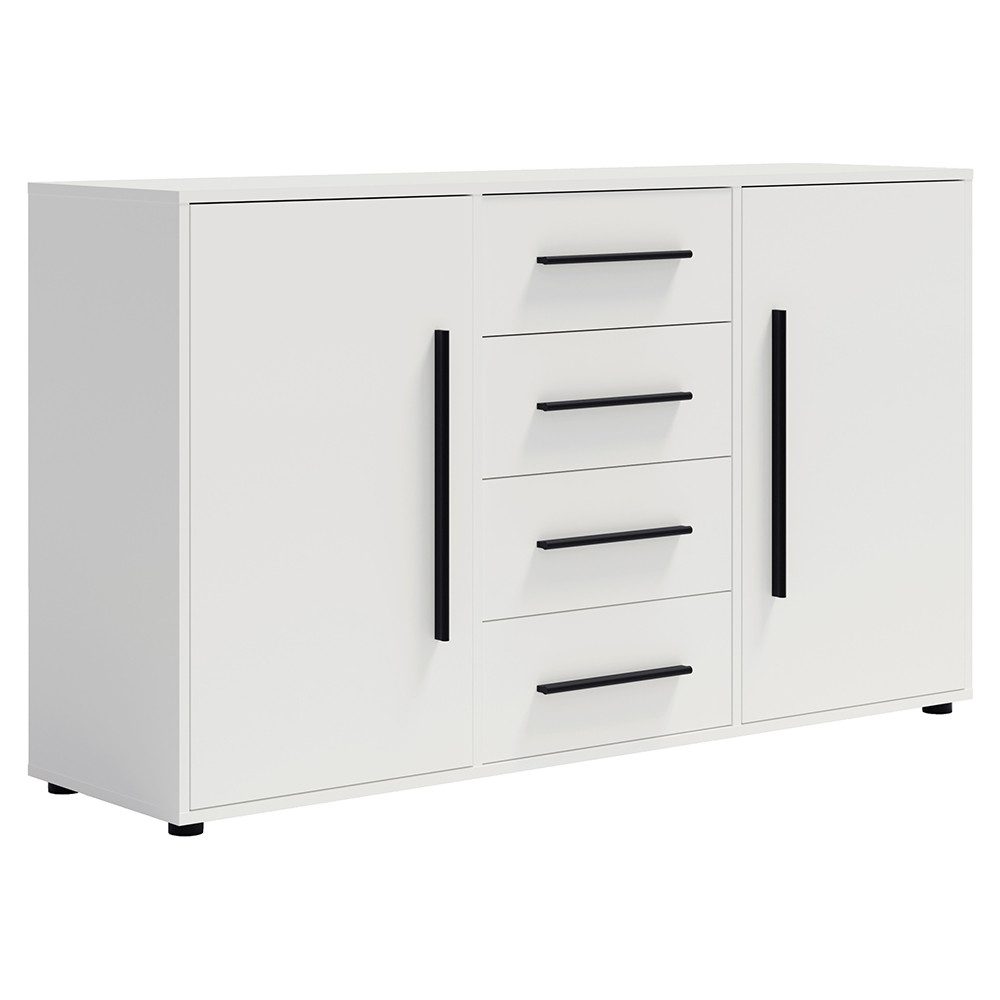 Lomadox Sideboard MOLLERUSA-132, 150 cm breit, weiß matt mit schwarzen Griffen, 2 Türen, 4 Schubladen