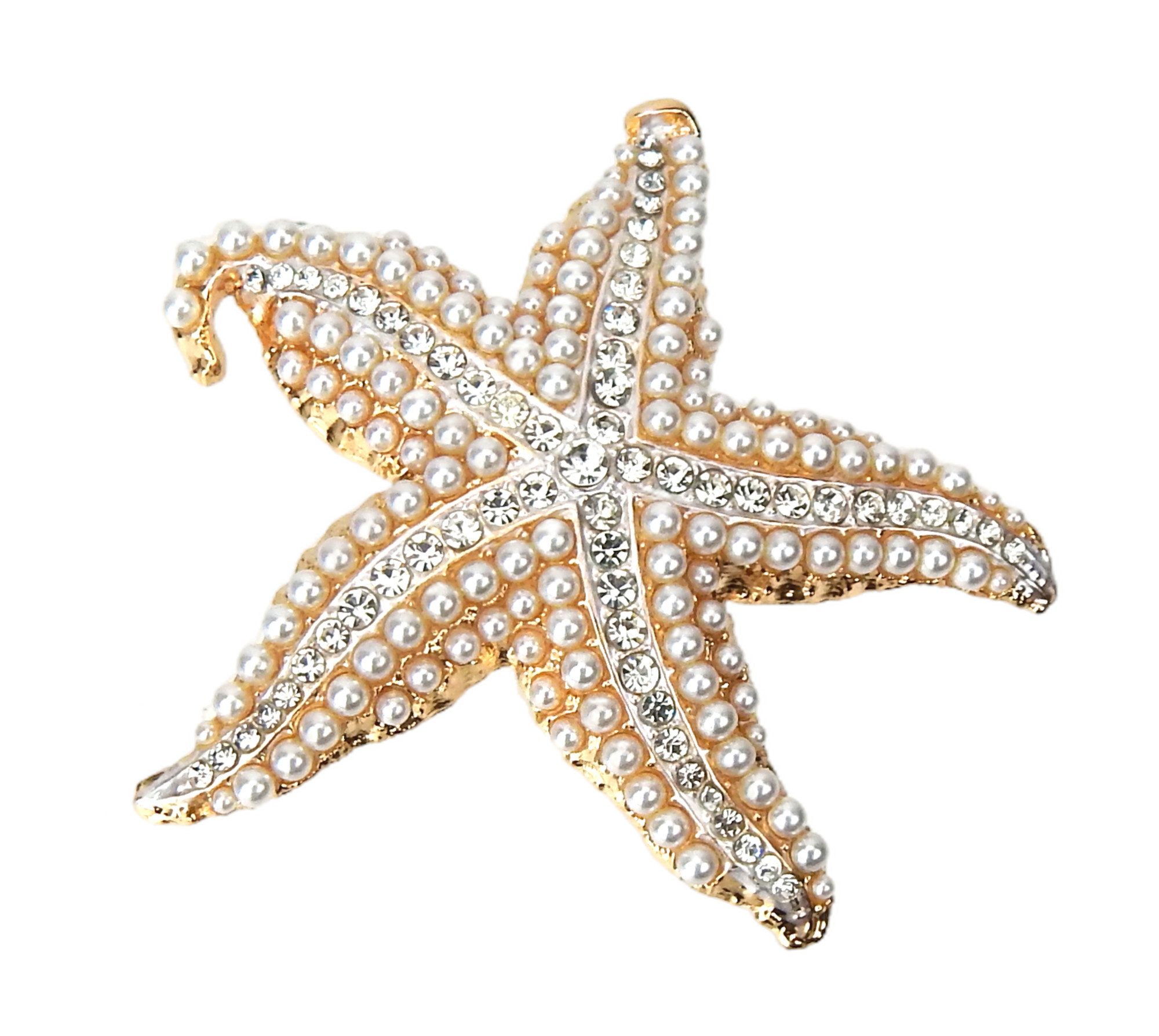 Ella Jonte Brosche, Statement - maritime Seestern Brosche – Gold-Weiß mit Perlen & Strass