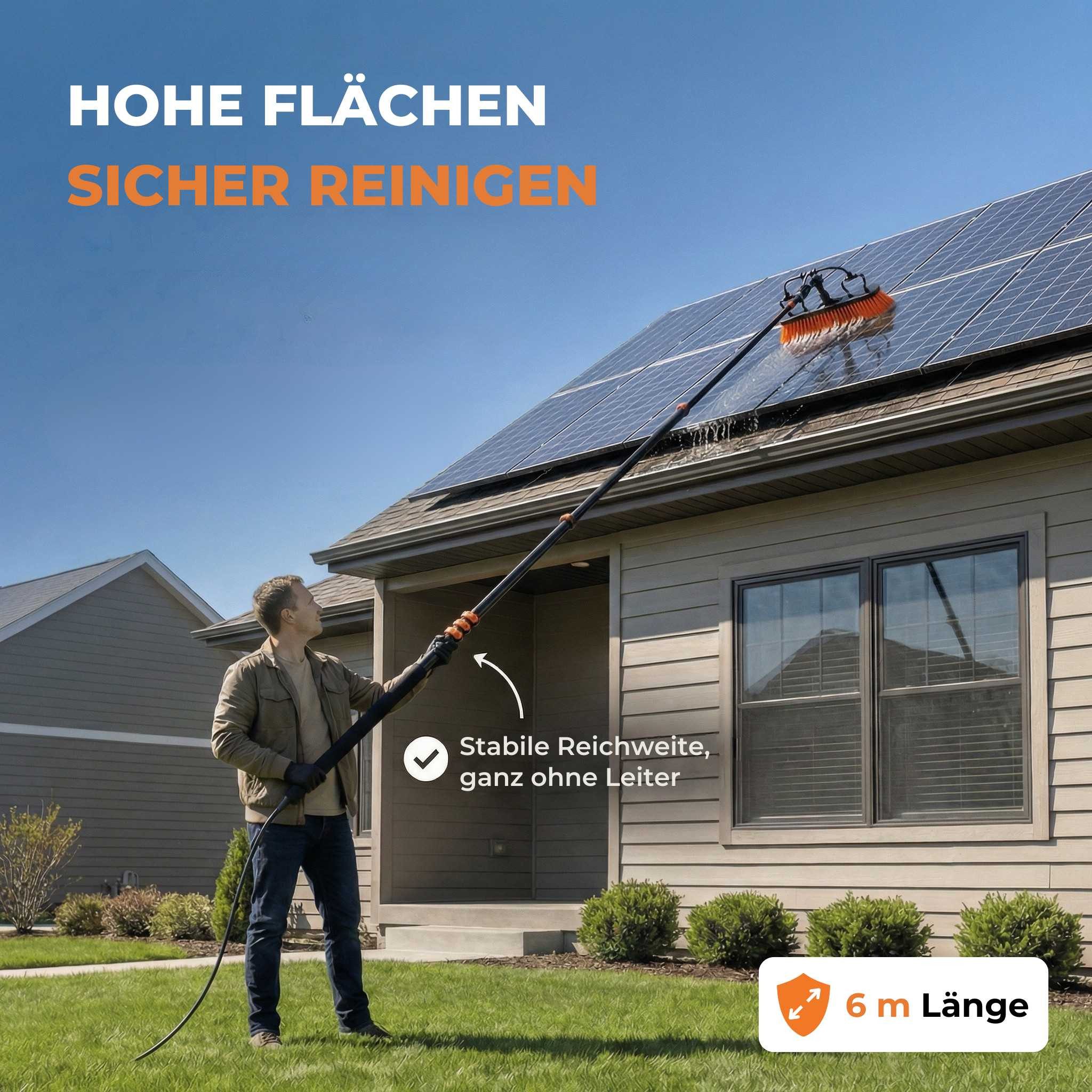 Briliantwerk Reinigungsbürste Teleskop Waschbürste mit Wasseranschluss - 6 Meter -, Teleskopstange für PV Anlage und andere schwer zu erreichende Flächen