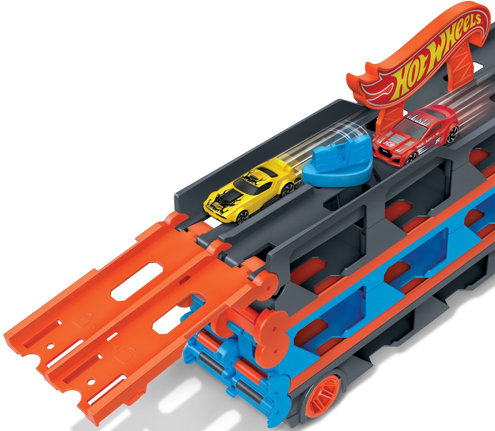 Hot Wheels Spielzeug-Transporter 2-in-1 Rennbahn-Transporter, mit drei Hot Wheels Fahrzeugen