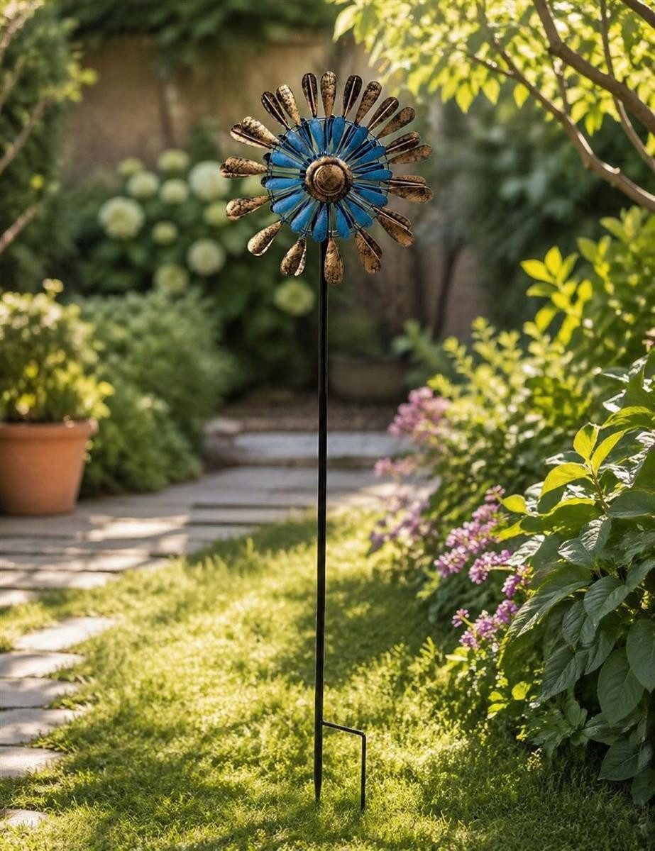 Geschenkestadl Deko-Windrad Windrad Metall Blau Gold Gartenstecker 91cm/ 160 cm Garten Dekoration (Set, mehrteilig), Windrad in blau gold