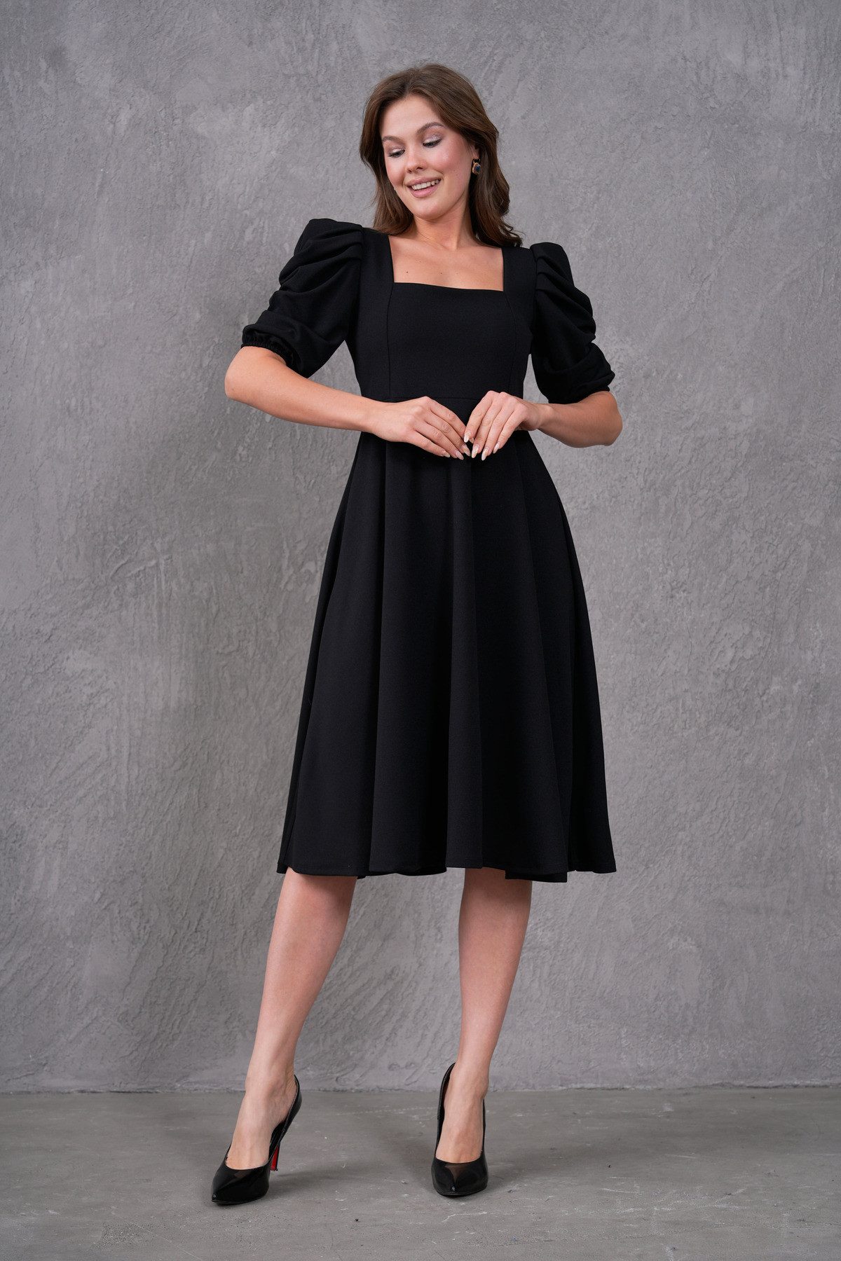 WOMAN VISION Minikleid Midikleid mit eckigem Ausschnitt und kurzen Ärmeln