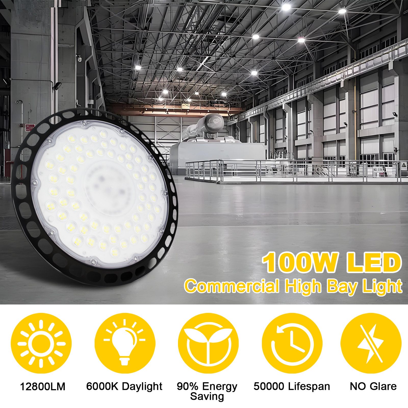 POPOLIC LED Arbeitsleuchte UFO LED-Hallenstrahler, 100 W, 12800 lm, Garagen-Deckenleuchten, IP66, LED fest integriert, 6000K, weiße LED-Ladenleuchte, Beleuchtungskörper, Ø24cm