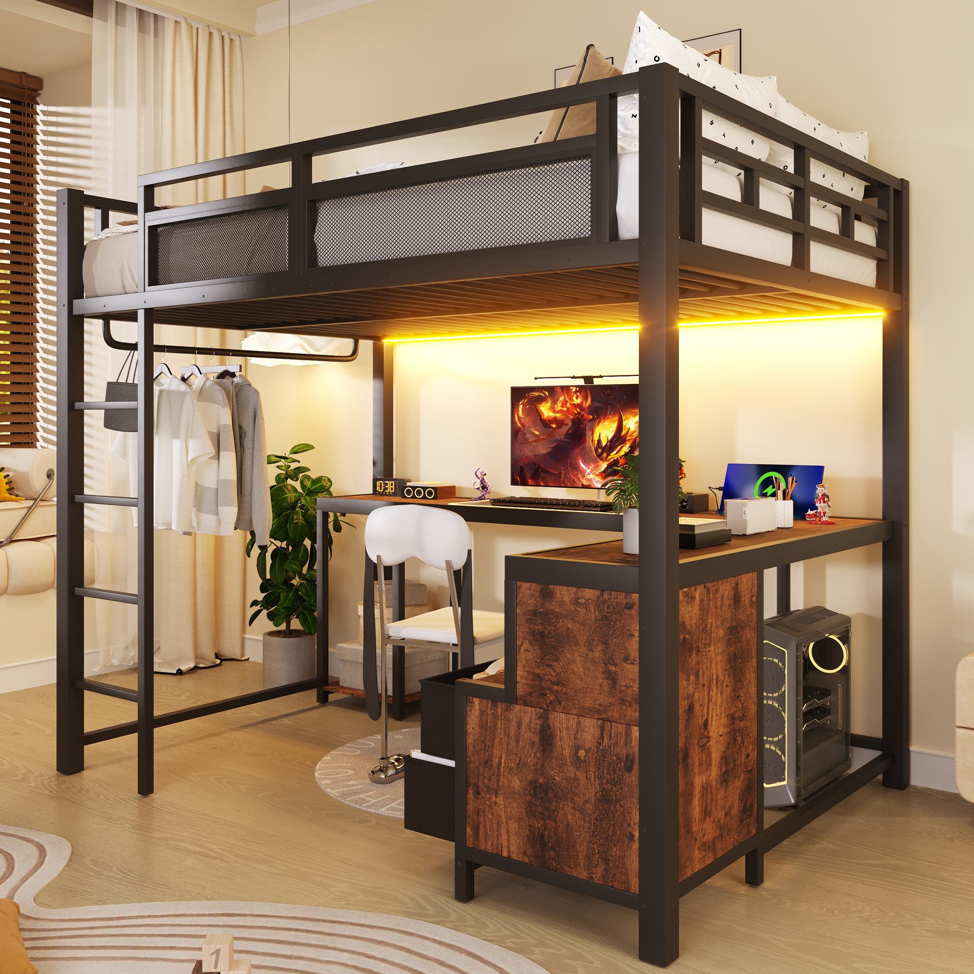 Merax Hochbett 140x200cm mit LED-Beleuchtung & USB-Ladestation (Jugendbett Loftbett, 1-St) Metallbett Kinderbett mit Schreibtisch, Ablagefächern & Kleiderstange – Bild 4 von 5