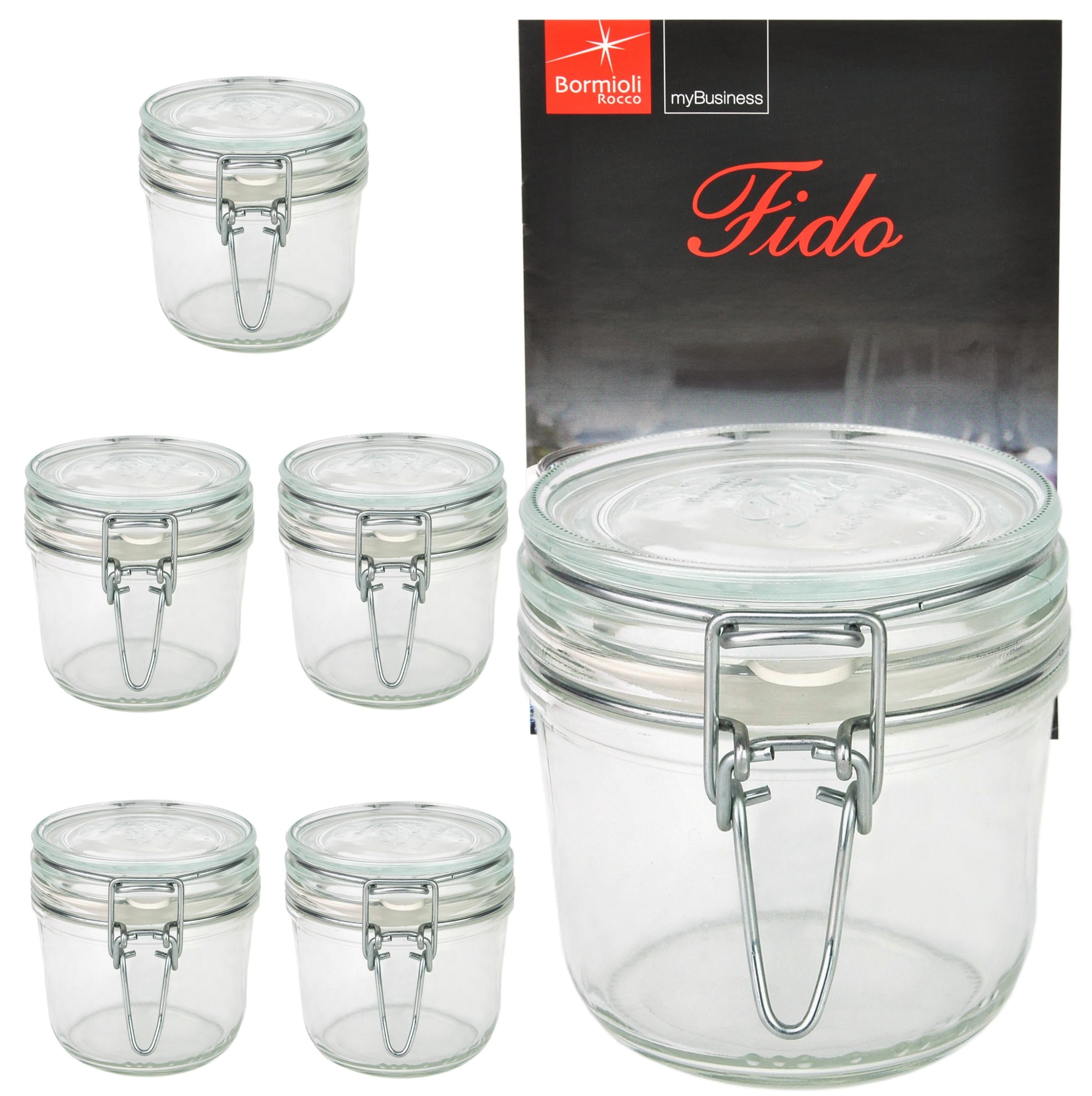 Einmachglas 6er Bormioli Vorratsglas 0,35L Glas Set Original Rocco Rezeptheft, Fido Bügelverschluss