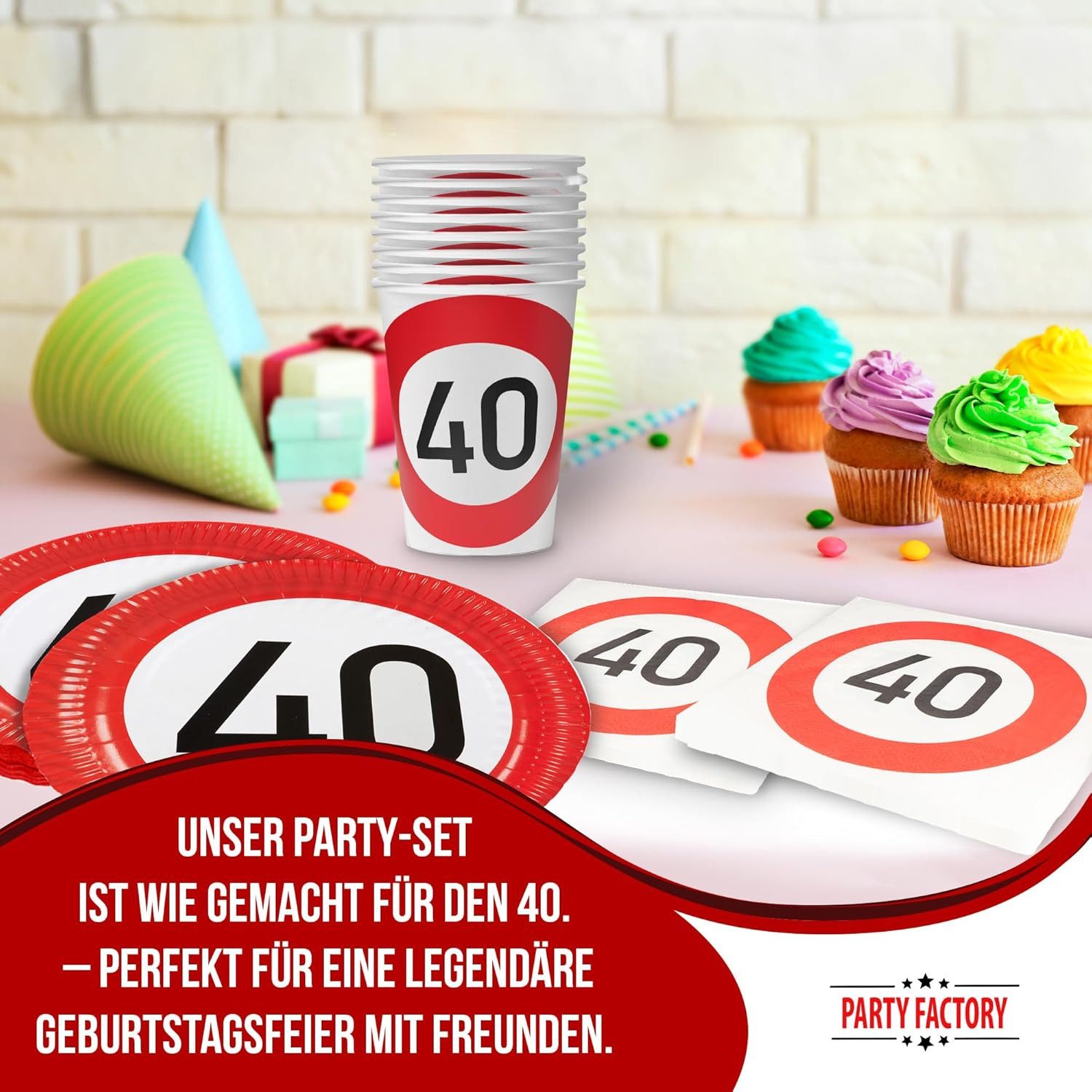 Party Factory Geschirr-Set Happy Birthday 40 36-tlgParty-Set mit Teller, Bechern und Servietten, 8 Personen, stabil & Farben intensiv