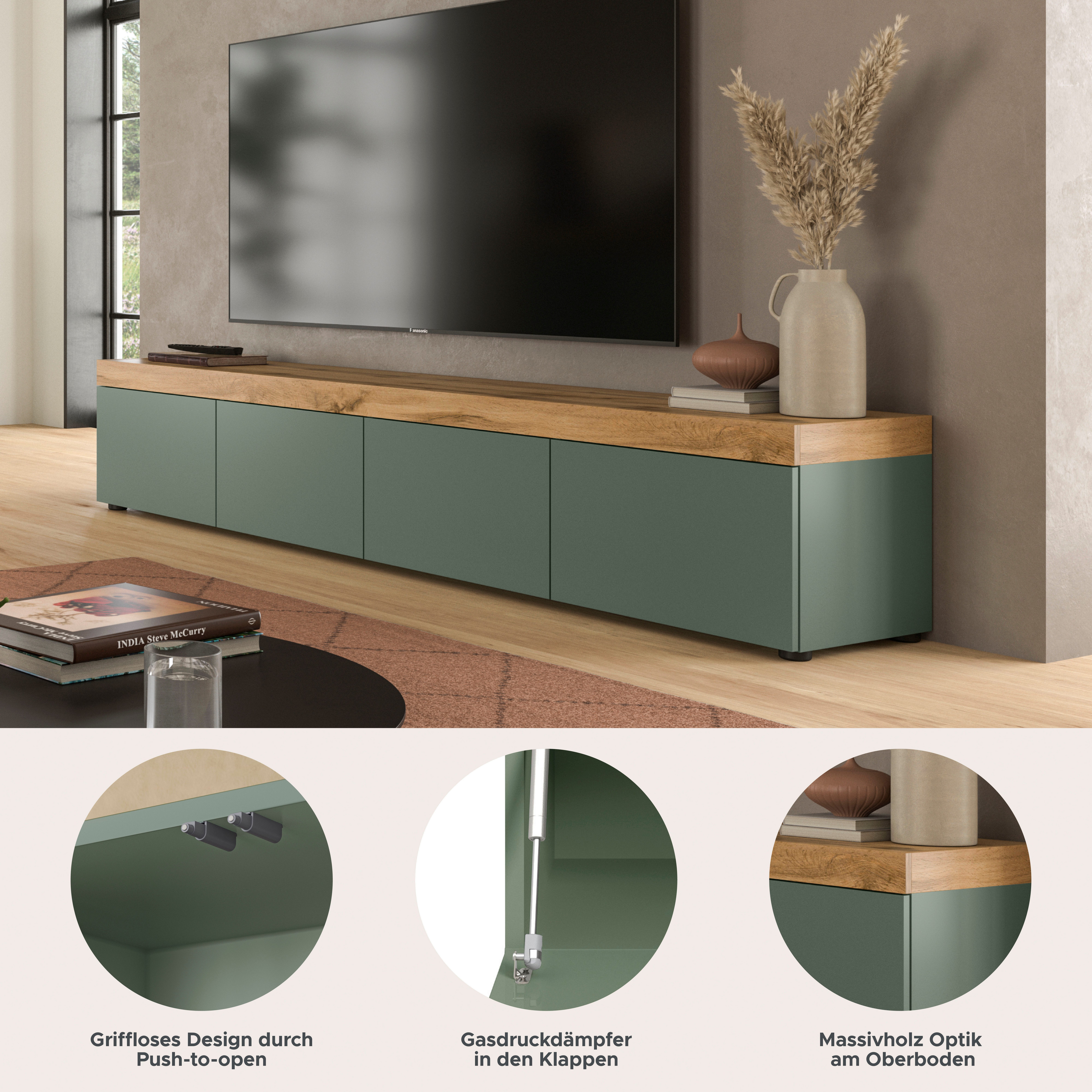 OTTO home Lowboard MAMBO, TOPSELLER!, Breite 200cm, 4 Klappen, stehend oder hängend (1 St., 2 farbige Ausführung, in verschiedenen Farben erhältlich), Lowboard, TV Unterschrank, Tv-Schrank, Wohnzimmer