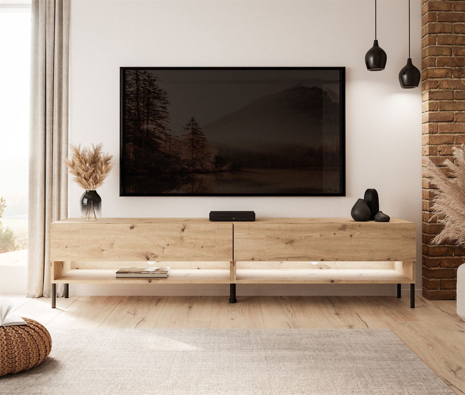 ALLHOUSE24 TV-Schrank ALISSE 180 cm Artisan Eiche Lowboard Unterschrank mit LED Beleuchtung 180 cm Breite