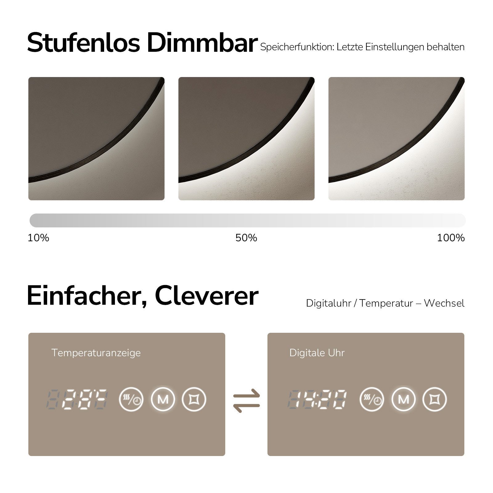 EMKE Badspiegel mit Beleuchtung und Antibeschlag, Uhr & Temperaturanzeige (Touchschalter), Rahmen in Schwarz, Gold gebürstet oder Dunkelgrün – Bild 3 von 5