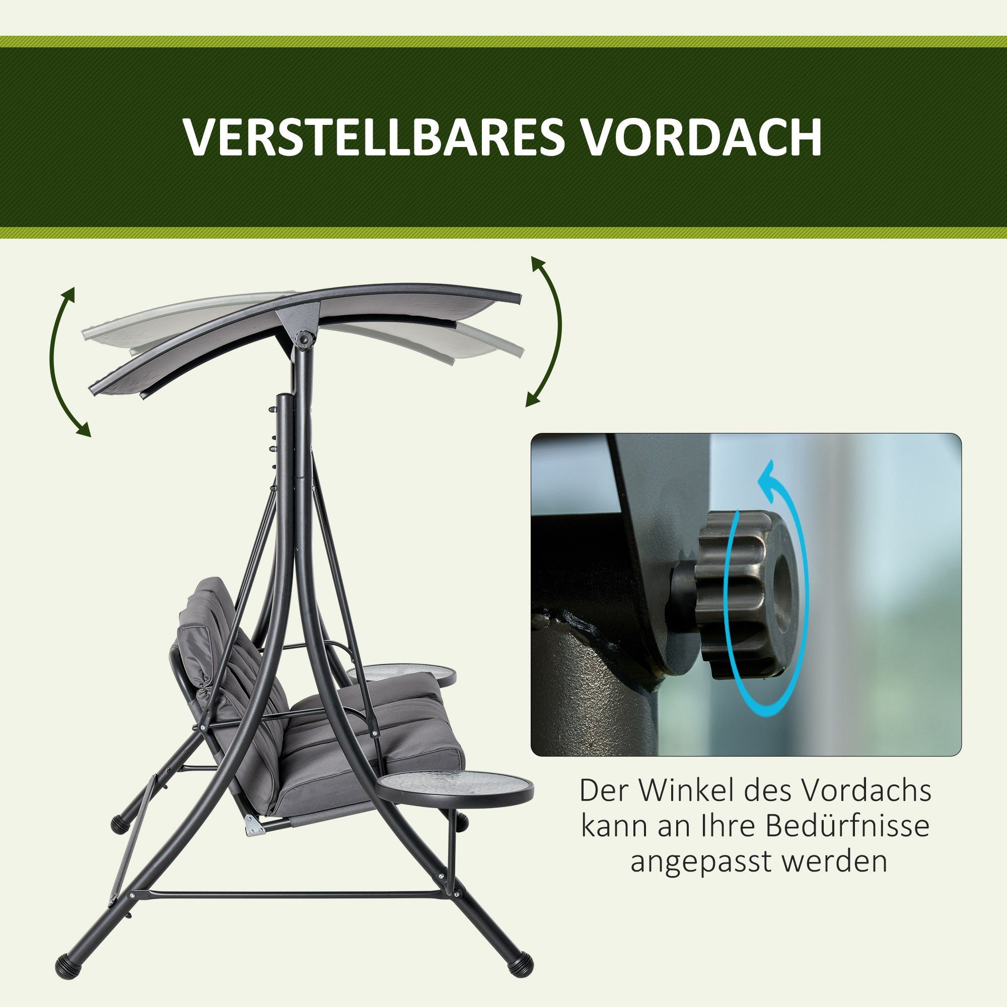 CHICFURN Hollywoodschaukel 3-Sitzer Gartenschaukel mit verstellbarem Sonnendach, Grau+Schwarz, 3-Sitzer, Packung, 1 tlg., Verstellbares Sonnendach, 2 Glastische, gepolsterte Auflage, Mit Teetisch, Stahlrahmen, Polyester, 271 x 125 x 177 cm