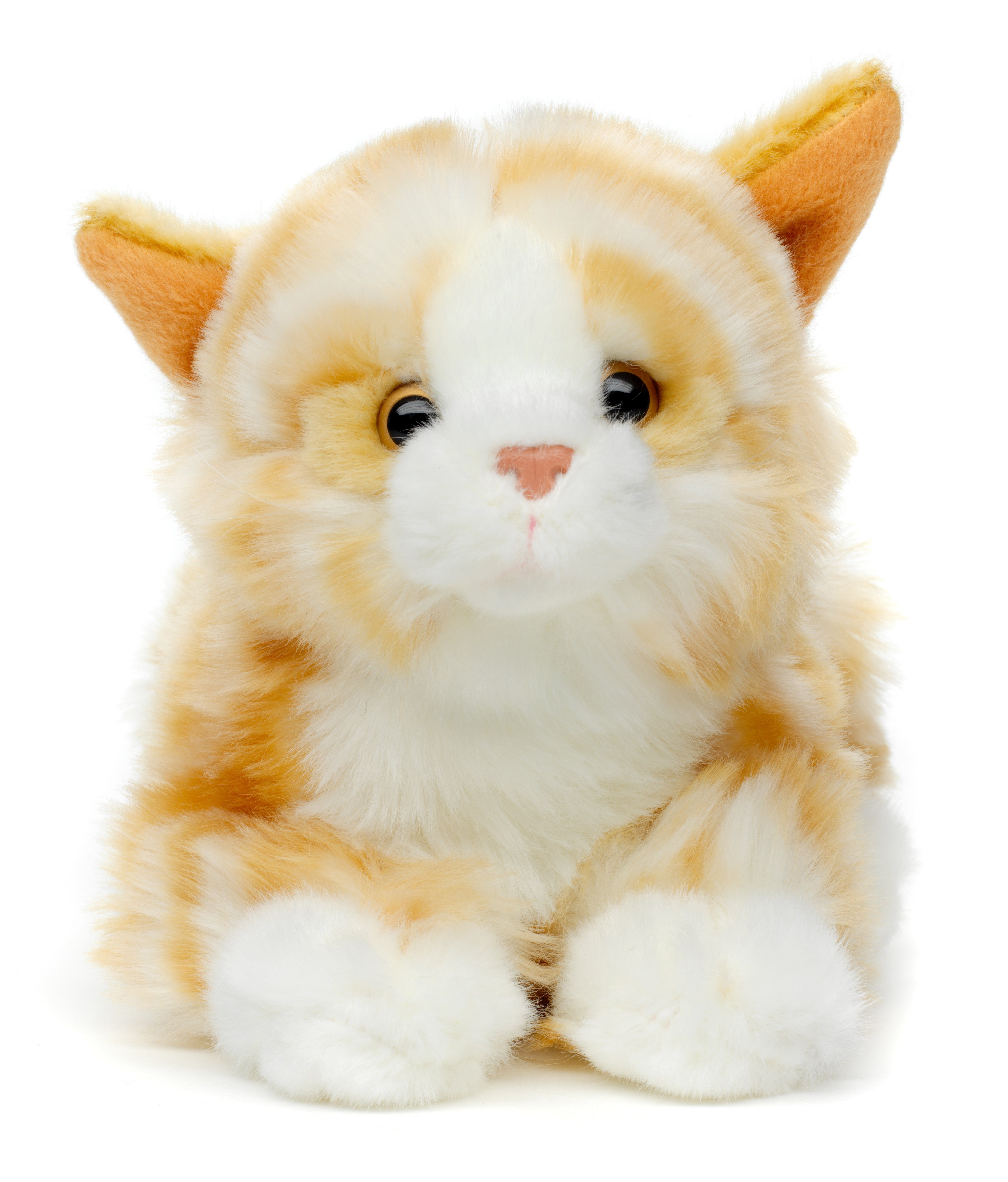 Uni-Toys Kuscheltier Katze mit Stimme (braun-weiß) - 20 cm (Länge) - Plüsch, Plüschtier, zu 100 % recyceltes Füllmaterial