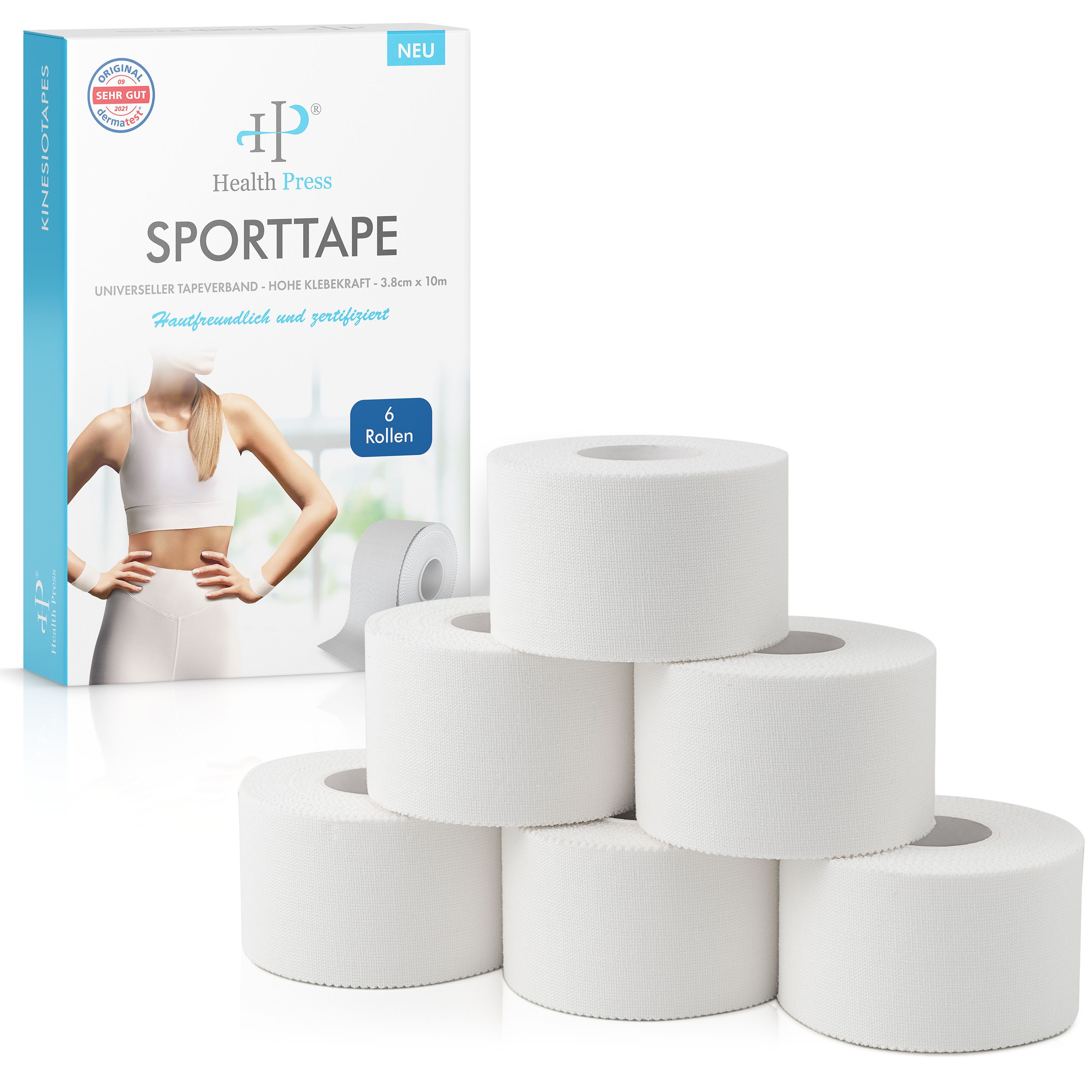 Health Press Bandage Sporttape - 6 Tape Rollen (3,8cm x 10m) (6-tlg), unelastisches Baumwollgewebe