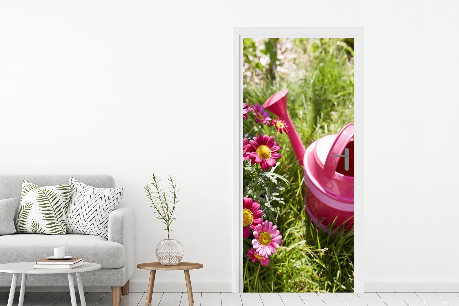 Tür, Türaufkleber, (1 Blumen Gießkanne bedruckt, - cm 75x205 für St), Rosa, Türtapete MuchoWow Matt, - Fototapete