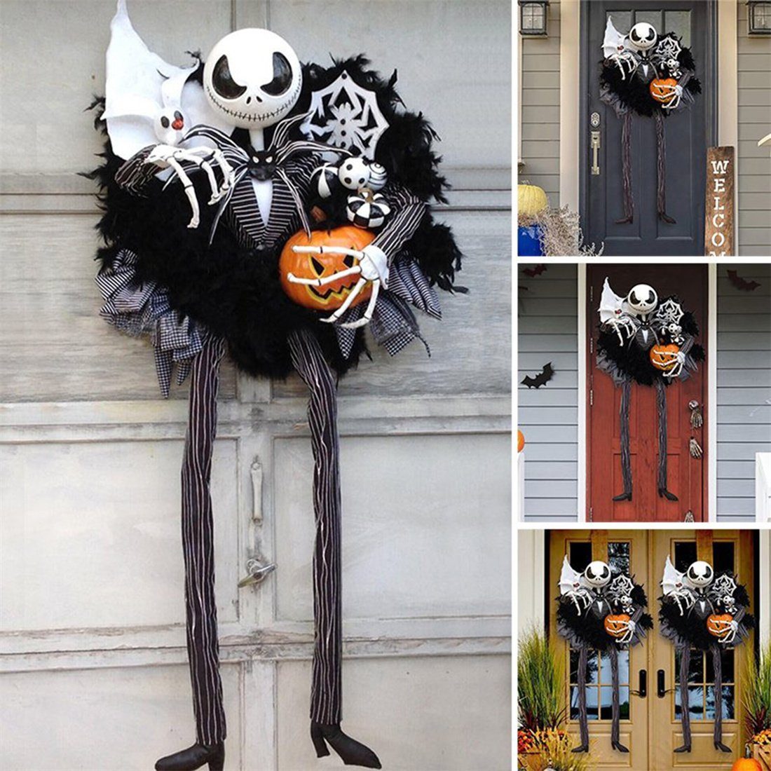 Halloween Kunstgirlande Kränze, Skelett Pumpkin Scary DÖRÖY Wreath dekorative Tür hängen,