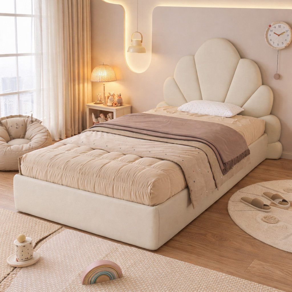 Polsterbett Kinderbet mit Blüten-Kopfteil, Samtbezug, modernes Design