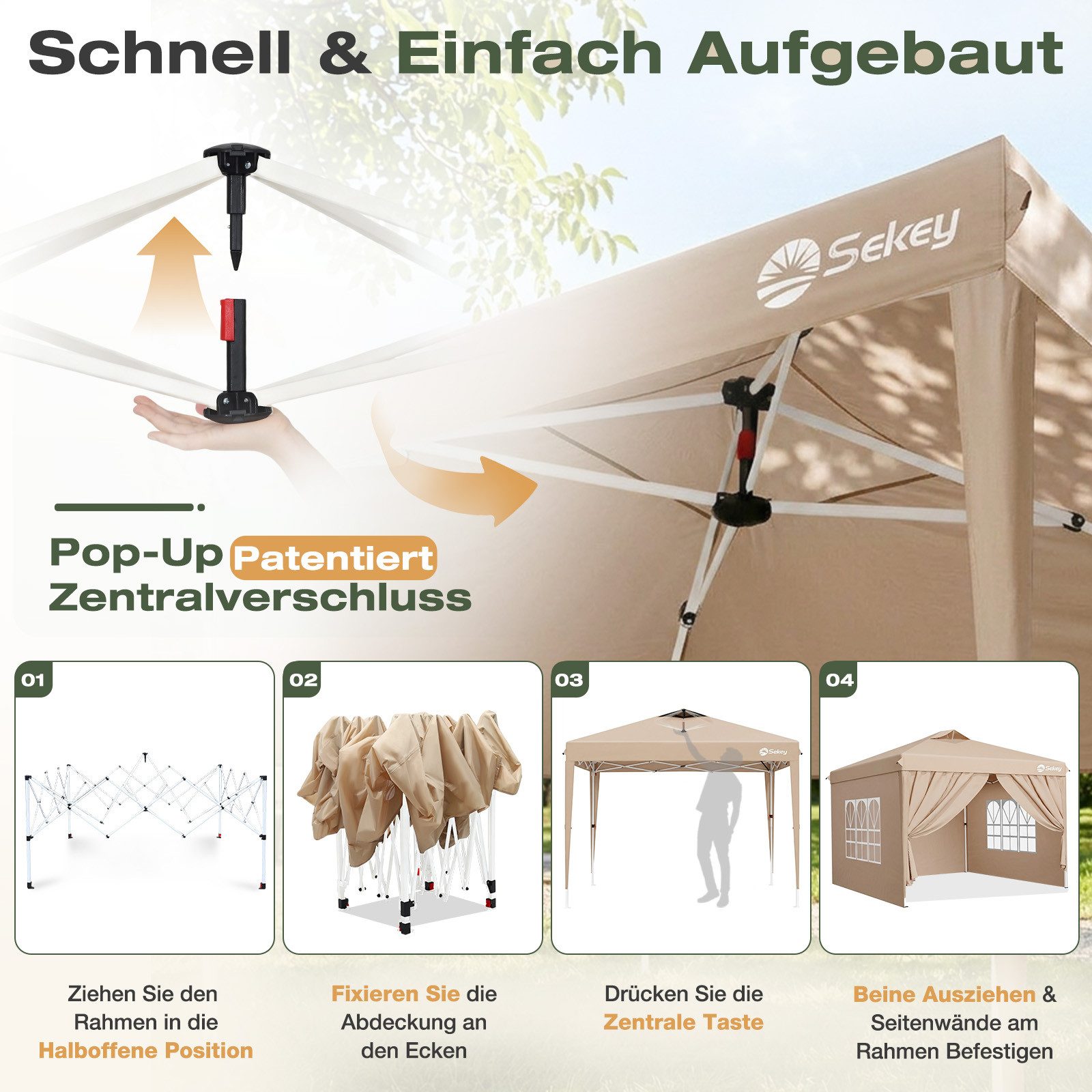 Sekey Faltpavillon 3x3 mit Seitenteilen wasserdicht, Pop Up Pavillon UV-Sch günstig online kaufen