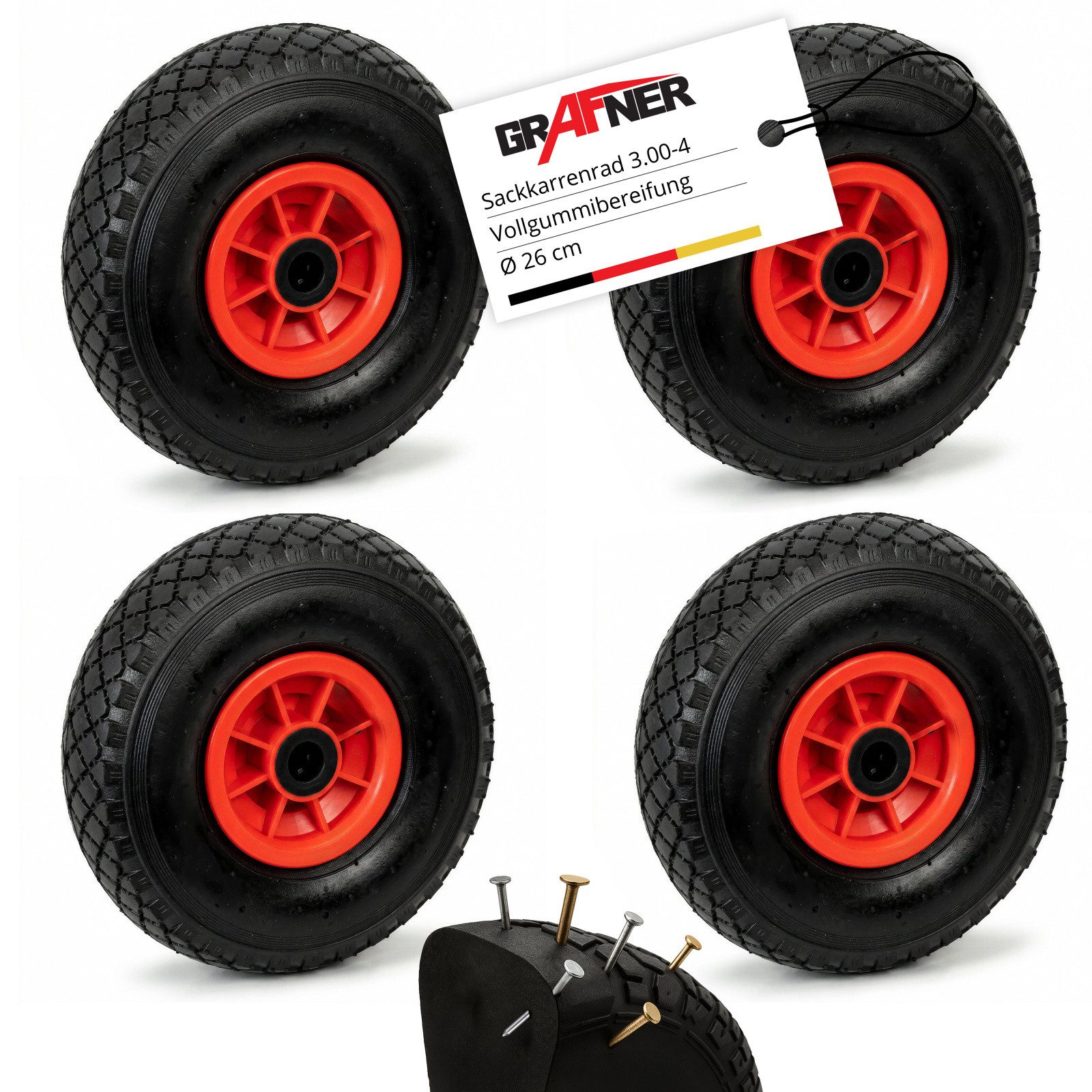 Grafner Sackkarren-Rad Ersatzrad Grafner® 4x Sackkarrenrad Bollerwagenrad 3.00-4 PU Vollgummi (4 St), Gesamt Duchmesser: 26 cm, Reifenbreite: 8 cm, Nabenlänge: 7 cm