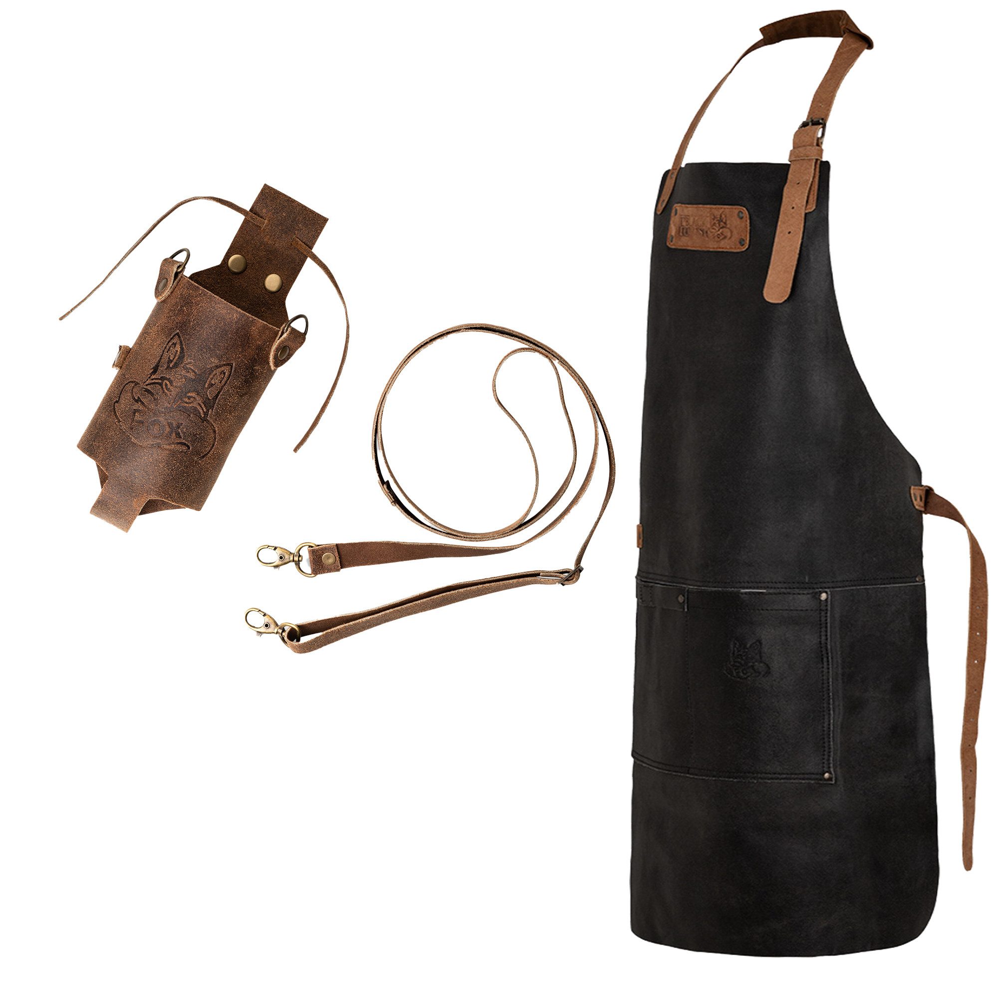 BLACK FOREST FOX Grillschürze SET Büffelleder Grill Koch & Küchen Schürze + Holly Holster - Getränke, (Set), SET