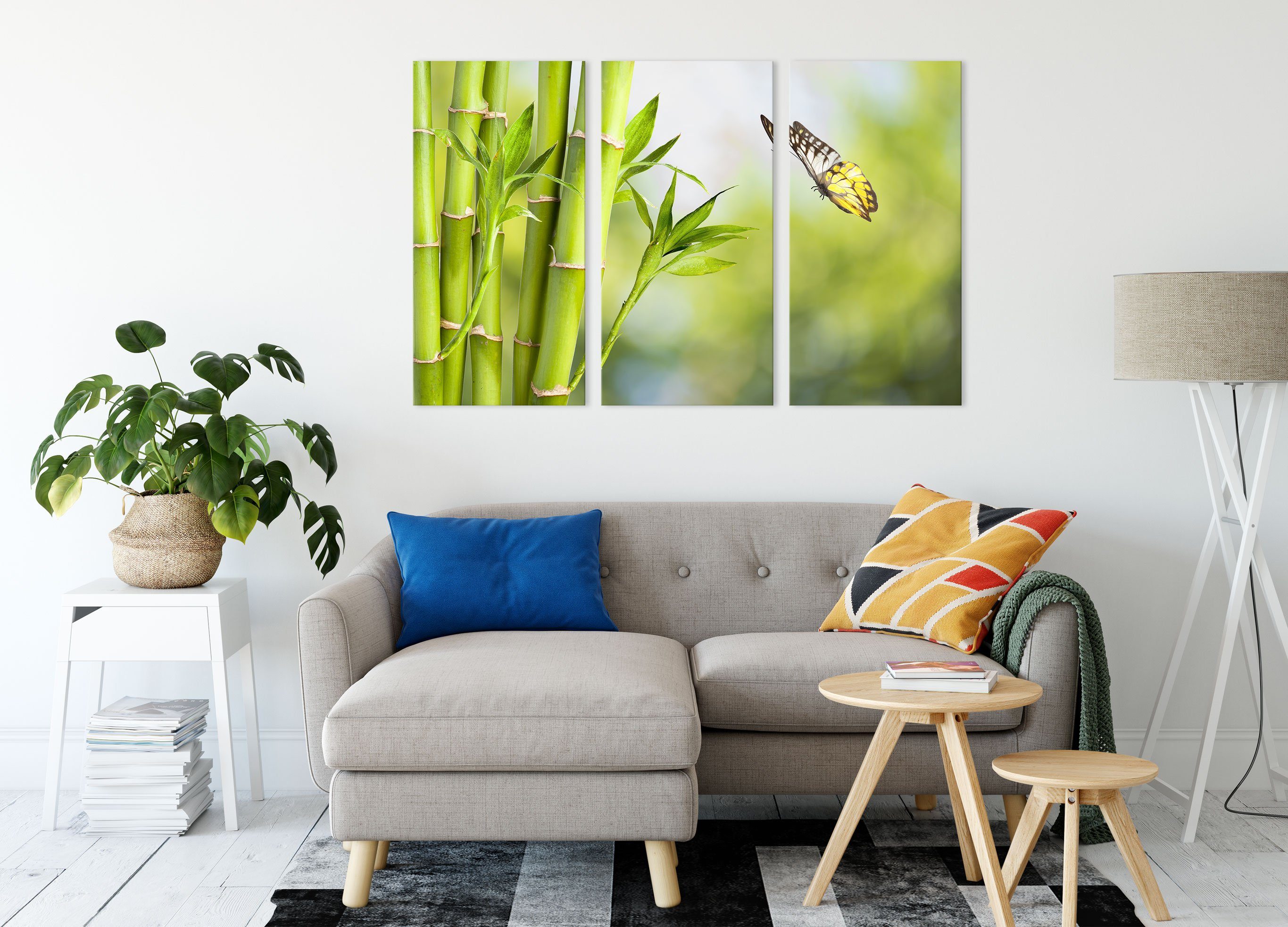 Pixxprint Leinwandbild Bambus (120x80cm) mit inkl. St), Zackenaufhänger (1 mit Bambus fertig Leinwandbild 3Teiler bespannt, Schmetterling, Schmetterling