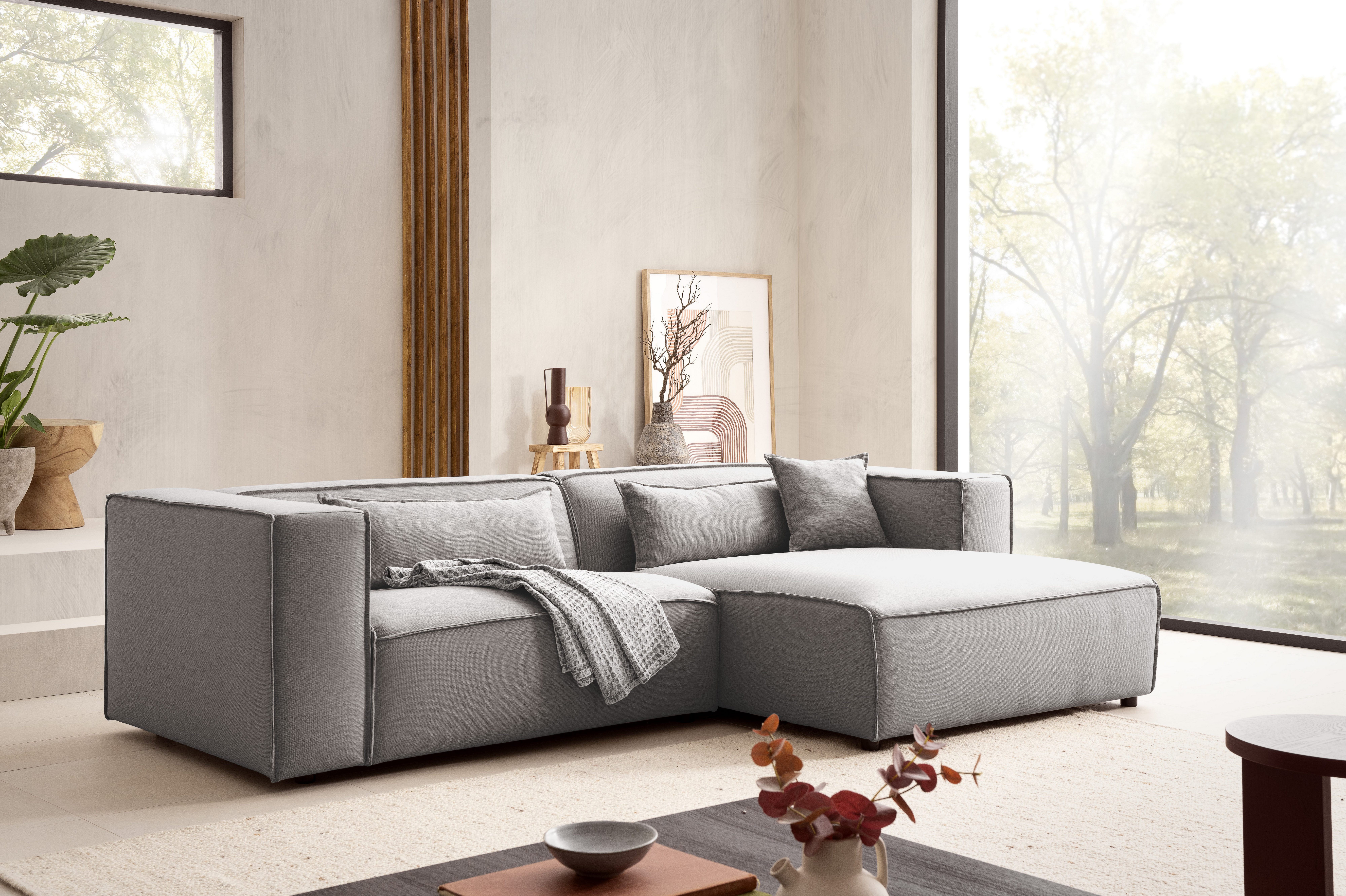 LeGer Home by Lena Gercke Ecksofa PIARA mit Kedernaht, Cord, Leinenoptik o. Strukturstoff, Couch, L-Form, wahlweise Ottomane rechts/links, schwarze Füße, bequemer Sitzkomfort
