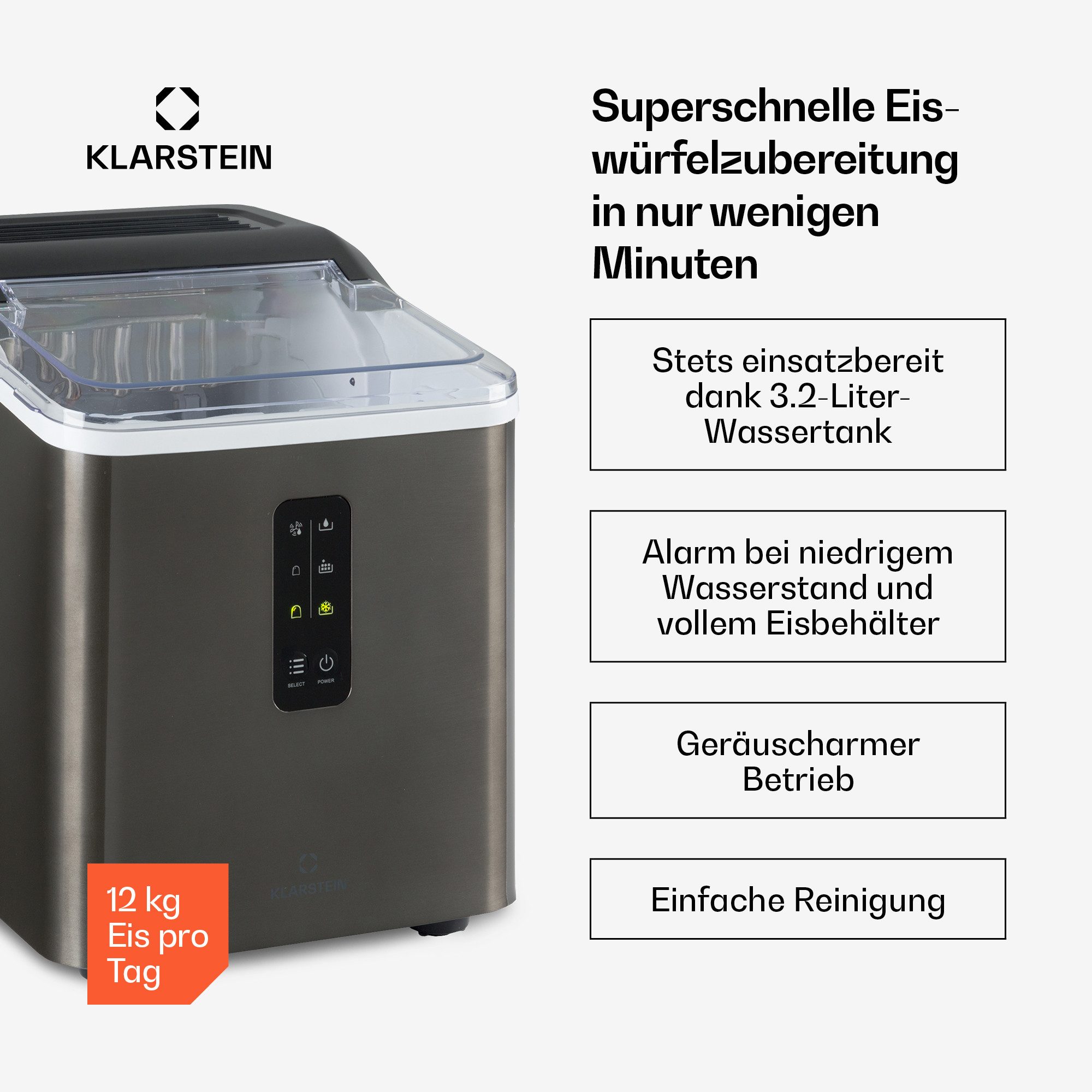 Klarstein Eiswürfelmaschine Albaron Supreme Eiswürfelmaschine Bullet 12 kg/24h 1,5L Tank Edelstahl, Ice Maker Eismaschine elektrisch Bullet-Eis mit LCD – Bild 2 von 5