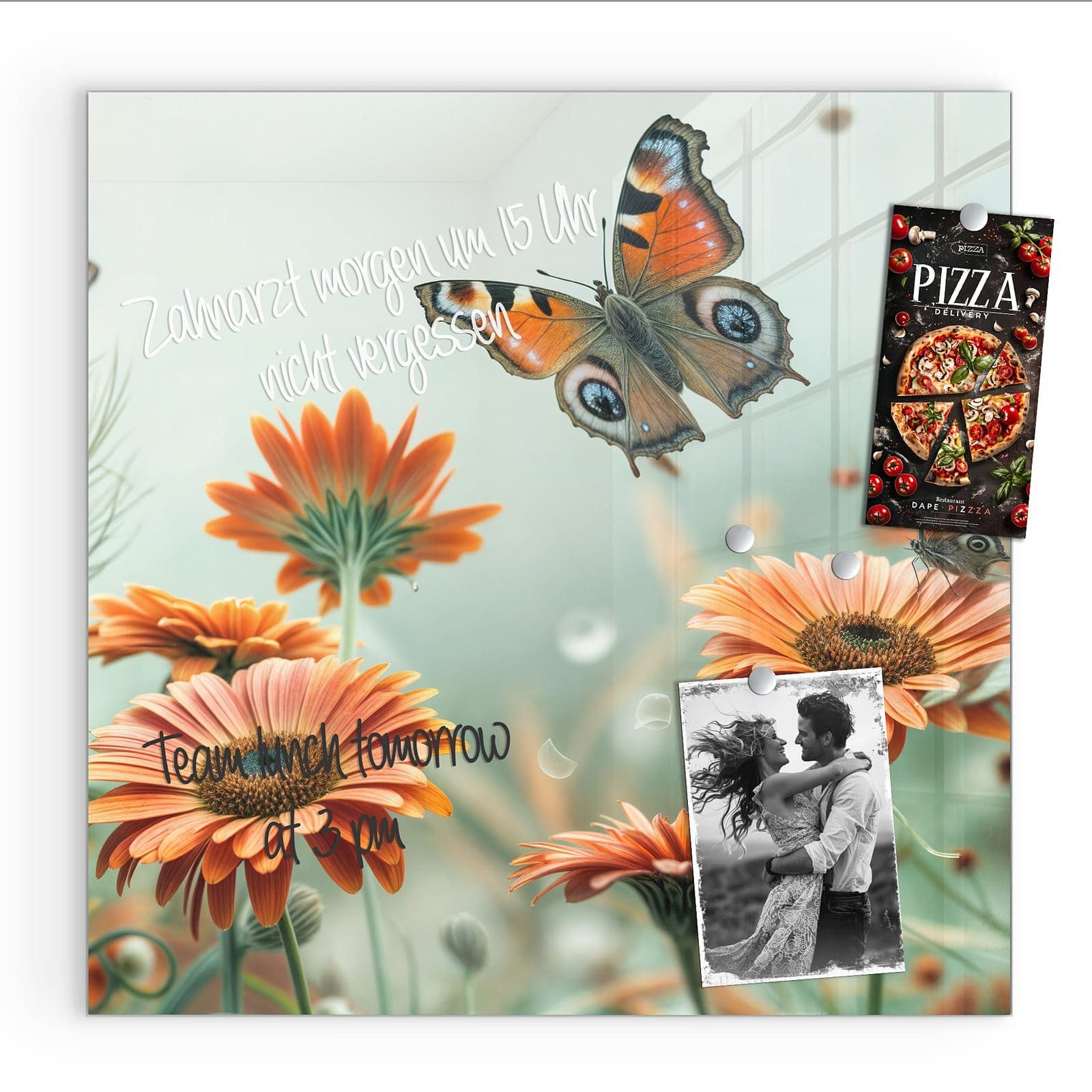 Primedeco Magnettafel Glas Schmetterling Wiese Pinnwand Whiteboard beschreibbar, (Inklusive Stift, Magnete und Montagematerial, 1-tlg., 9 verschiedene Größen), Magnetisch und Beschreibbar