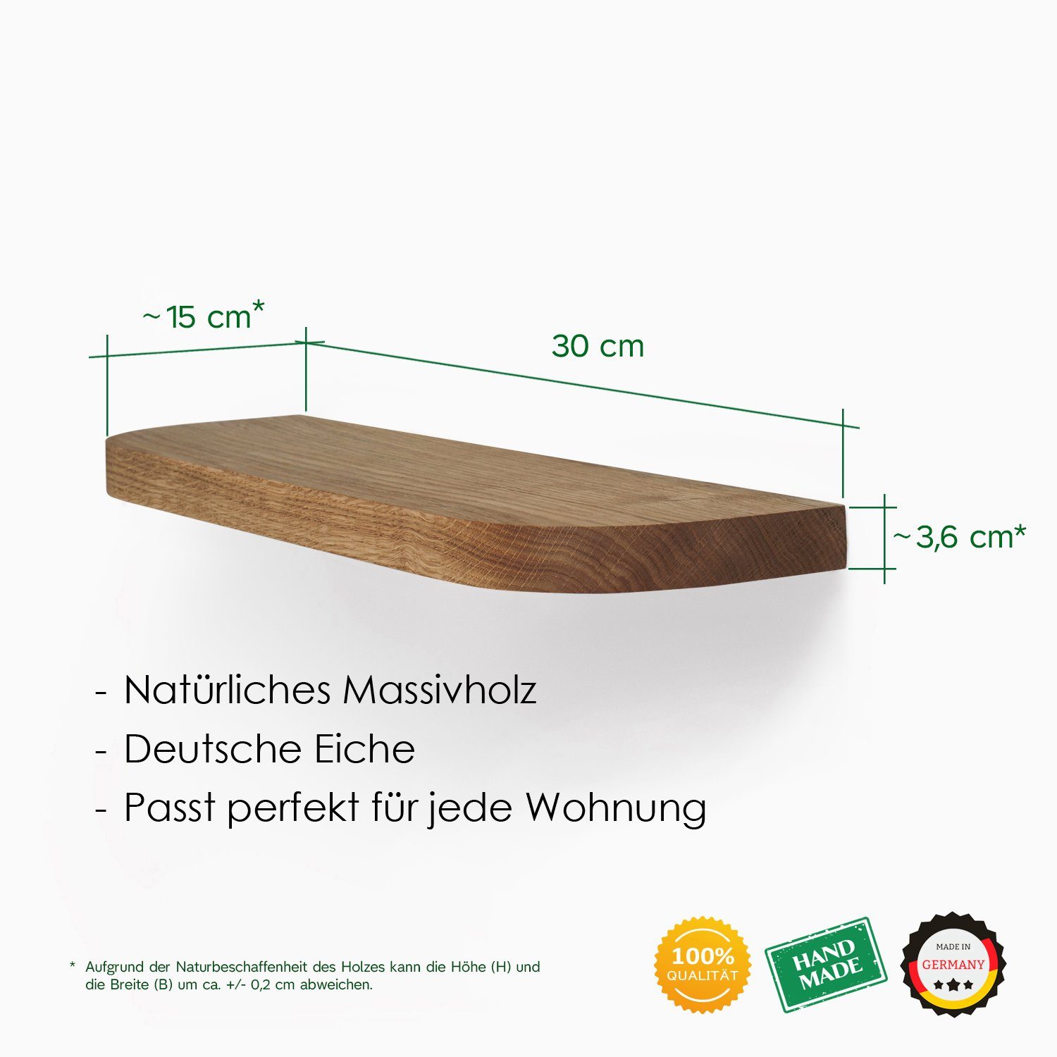 Rikmani Wandregal Handgefertigtes runden - II Holz Ecken MARI Dunkel massiv mit Regal Eiche