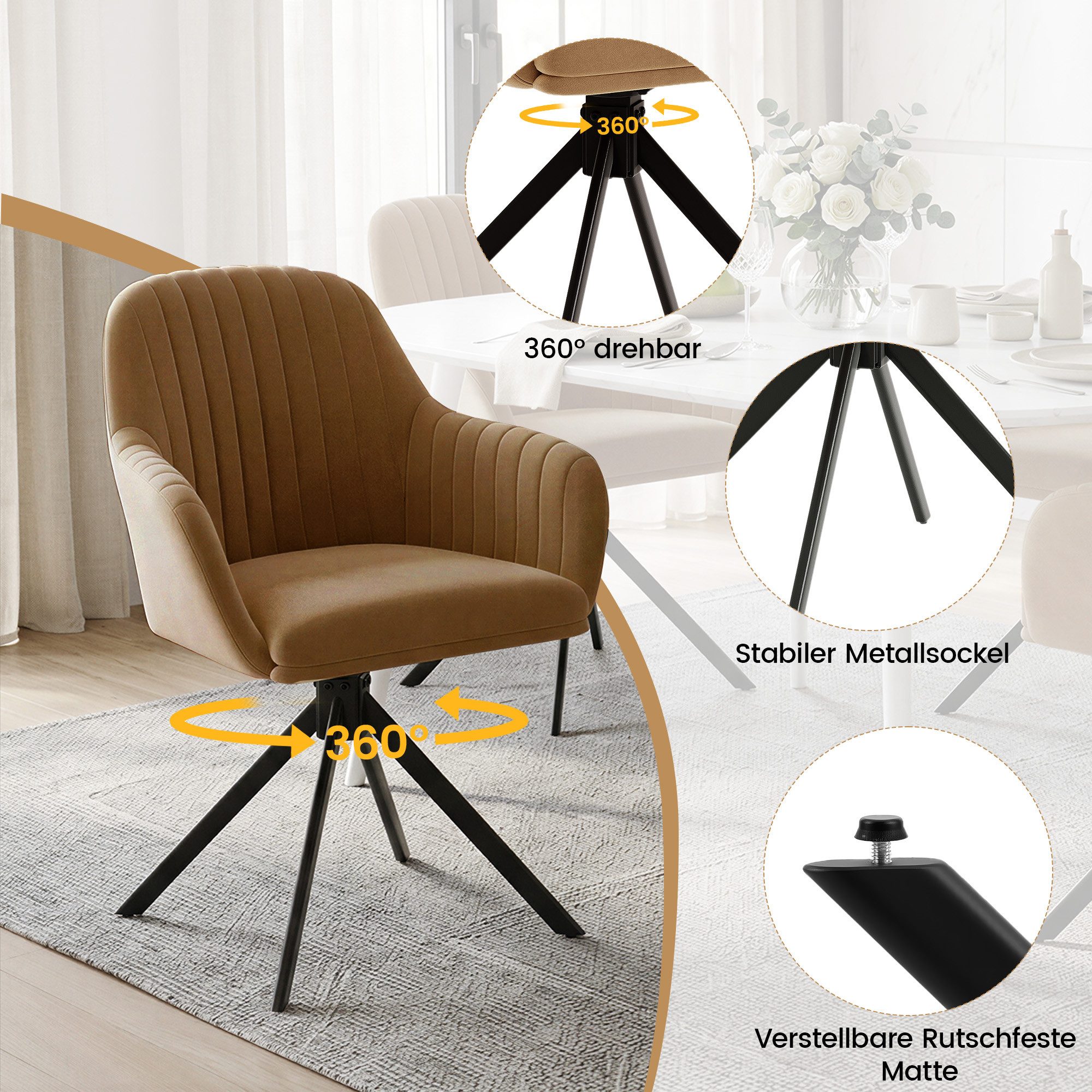 HawthyHome Esszimmerstuhl 2er Set mit Armlehne & Metallbeinen, Samt Polsterstuhl, 360° Drehbar (2 St), 360° Drehbar, Höheneinstellbar – Bild 5 von 5