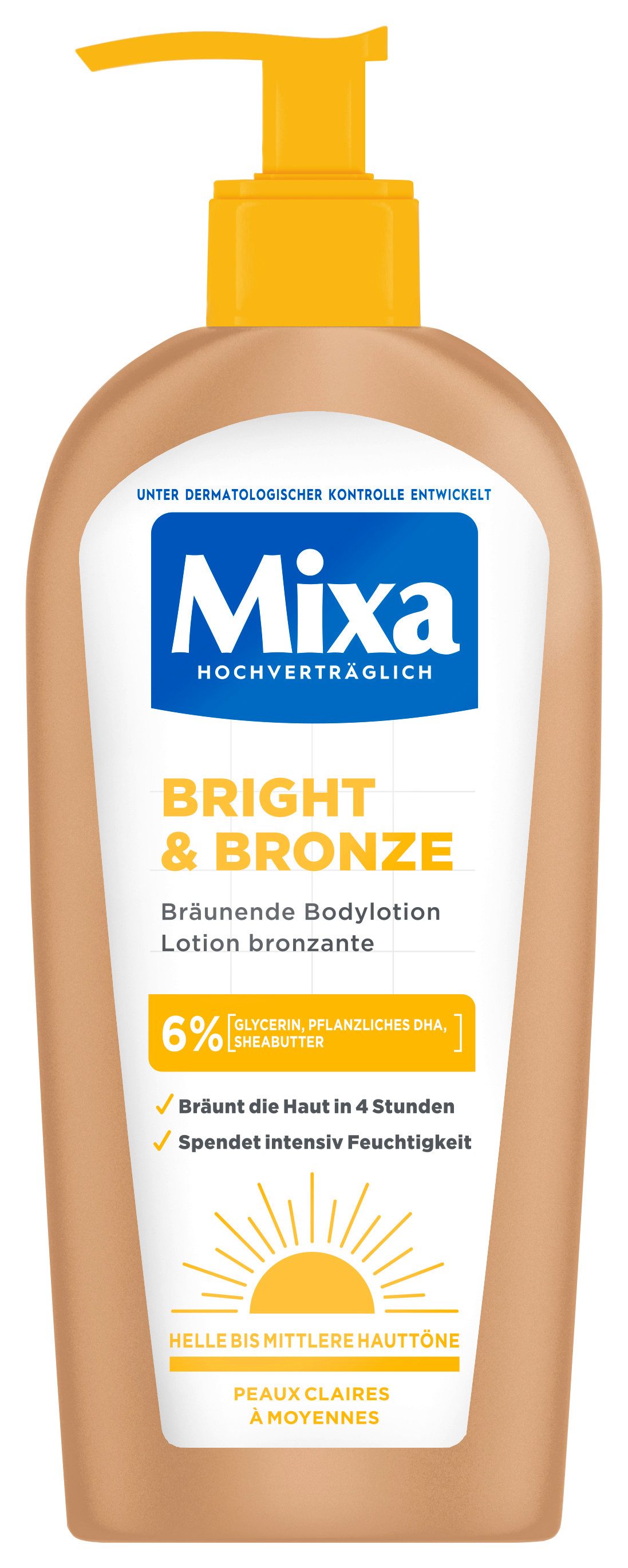 Mixa Selbstbräunungslotion MIXA BRIGHT & BRONZE SELBSTBRÄUNENDE BODYLOTION, bräunt die Haut in 4 Stunden, spendet Feuchtigkeit