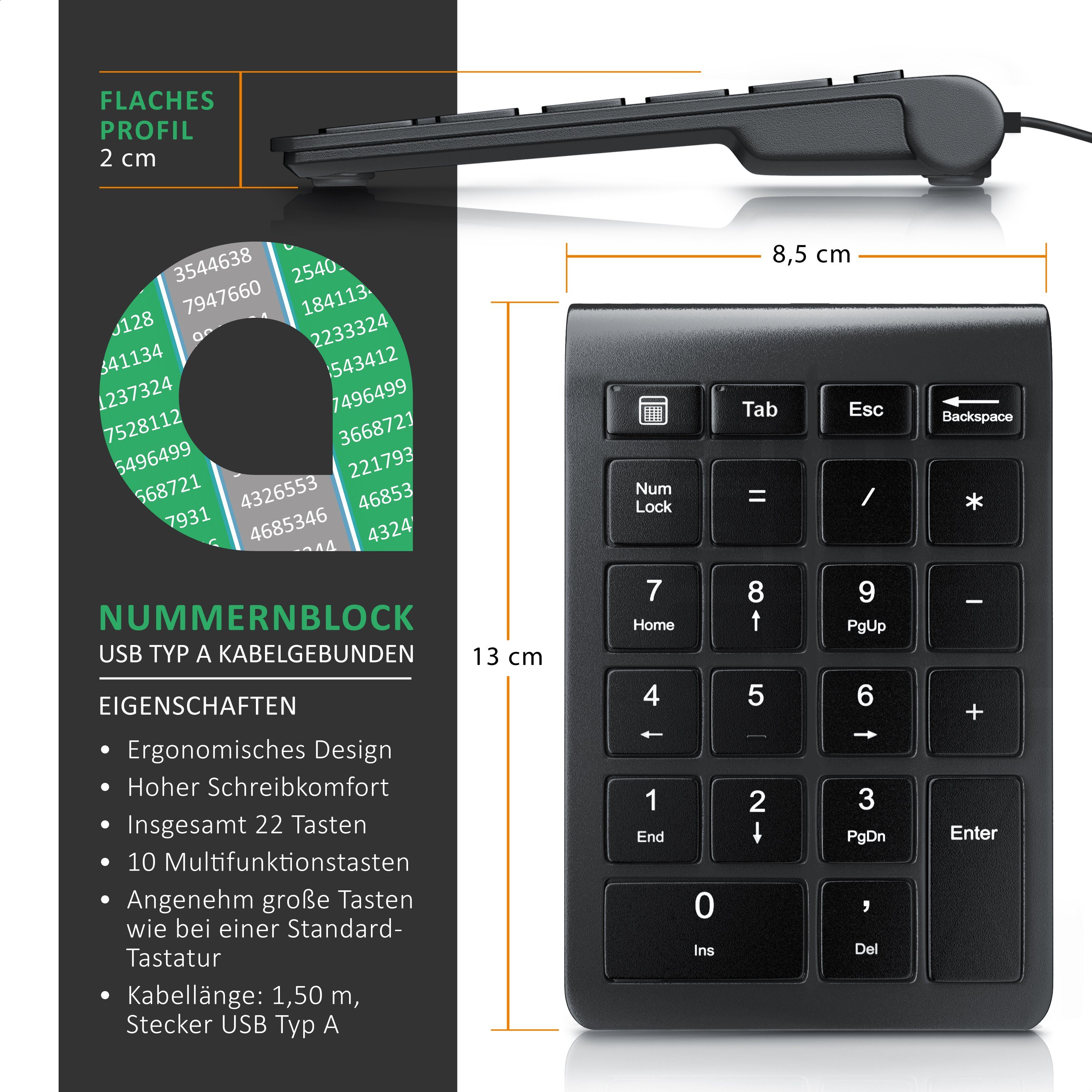 Aplic USB Keypad, Multimediatasten, rutschfest, vollständiges Numpad-Layout Tastatur (22 Tasten, Tastaturerweiterung für Laptop PC und Tablet, 1,5m Kabel)