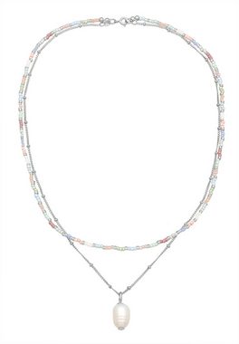 Elli Kette mit Anhänger Layer Süßwasserperle Barock Glas Beads 925 Silber, Kugel