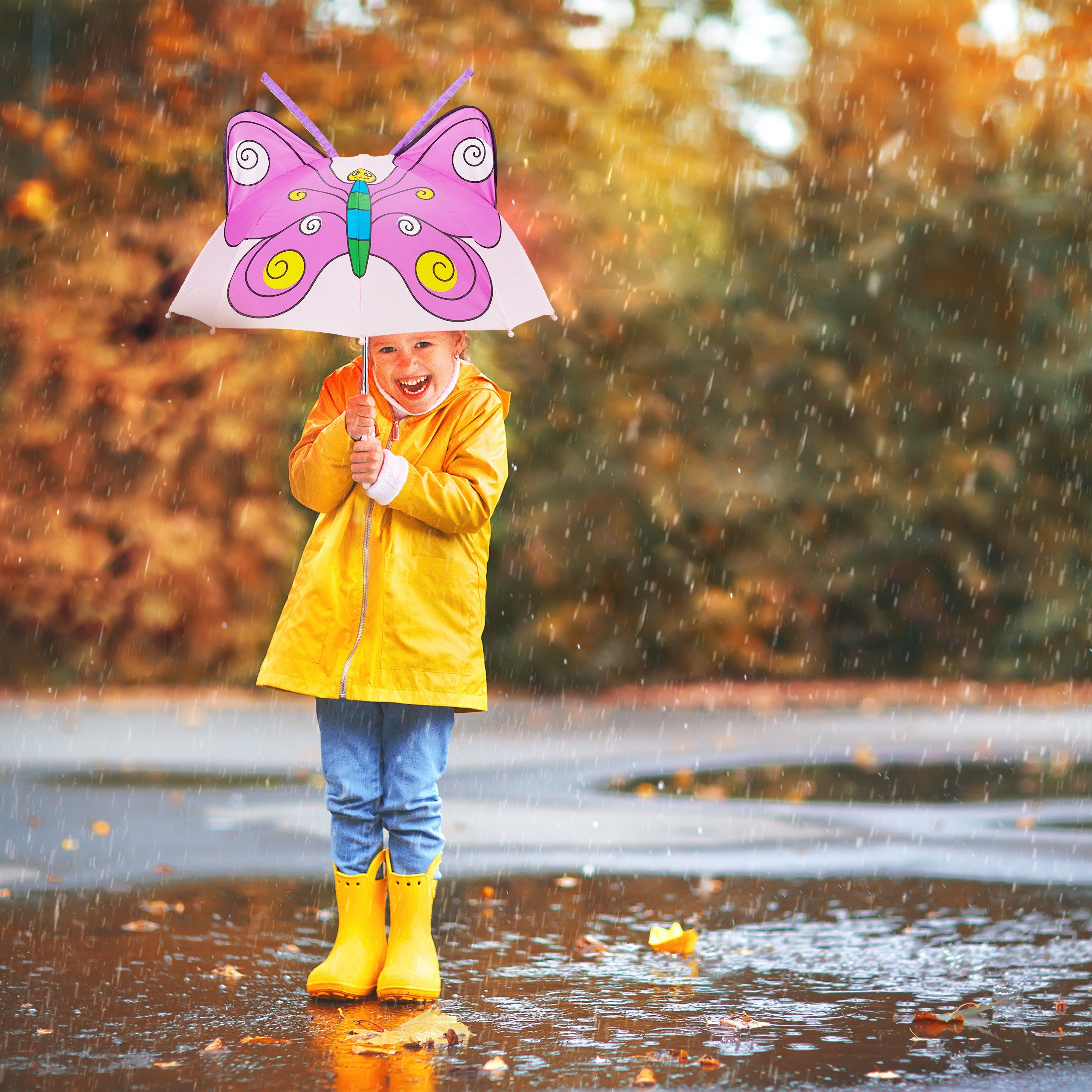Stockregenschirm 3D relaxdays Rosa Kinderregenschirm Lila mit Motiv, Pink Schmetterling