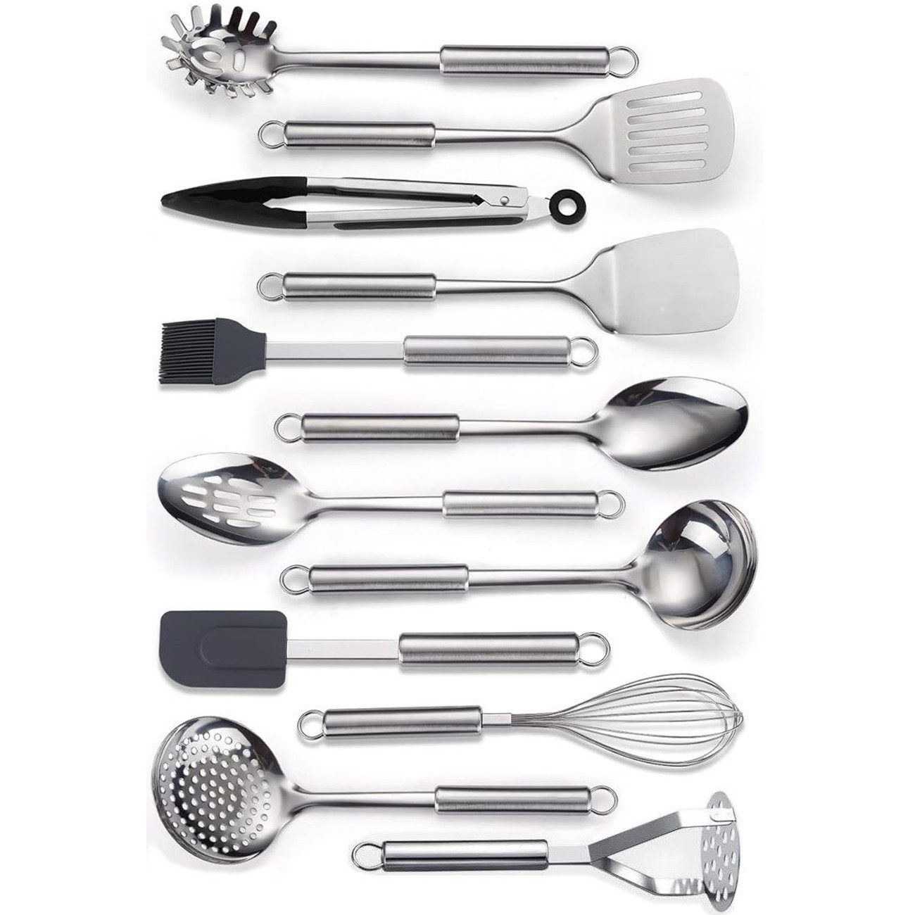 SURFOU Kochbesteck-Set Küchenhelfer Küchenutensilien 12 Stück Edelstahl Silikon Küchenset (Spiegelpolitur, Rostfrei & Spülmaschinenfest, 12-tlg., mit Aufhängeösen, Professionelles Küchengeschirr, Kochzubehör), edelstahl, spülmaschinenfest
