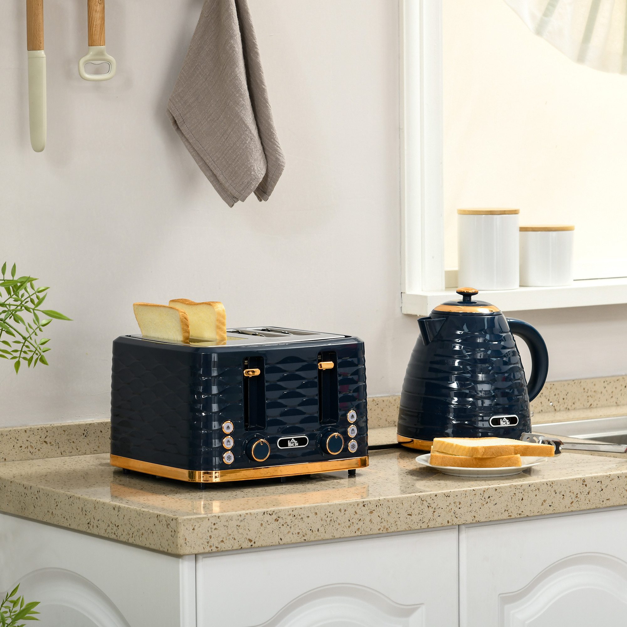 HOMCOM Toaster Wasserkocher Frühstück-Set: 1,7L, 4 Scheiben, 7 Bräunungsstufen, 4 Schlitze, für 4 Scheiben, 2200 W, Auftau-, Aufwärm- und Krümelschublade, Otter-Thermostat, Blau