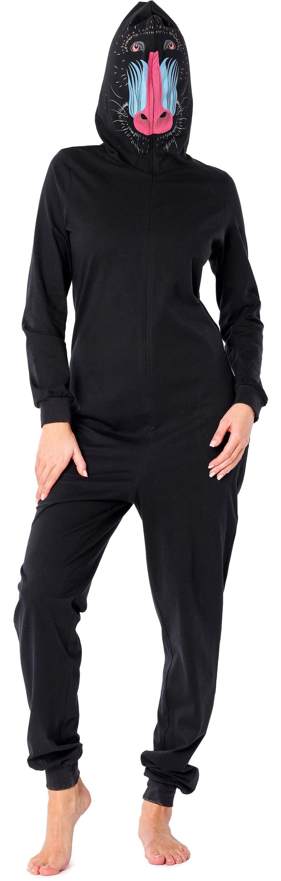 Ladeheid Schlafanzug Damen Schlafoverall aus Baumwolle Jumpsuit mit Kapuze LA40-234 ohne Schwarz Pavian